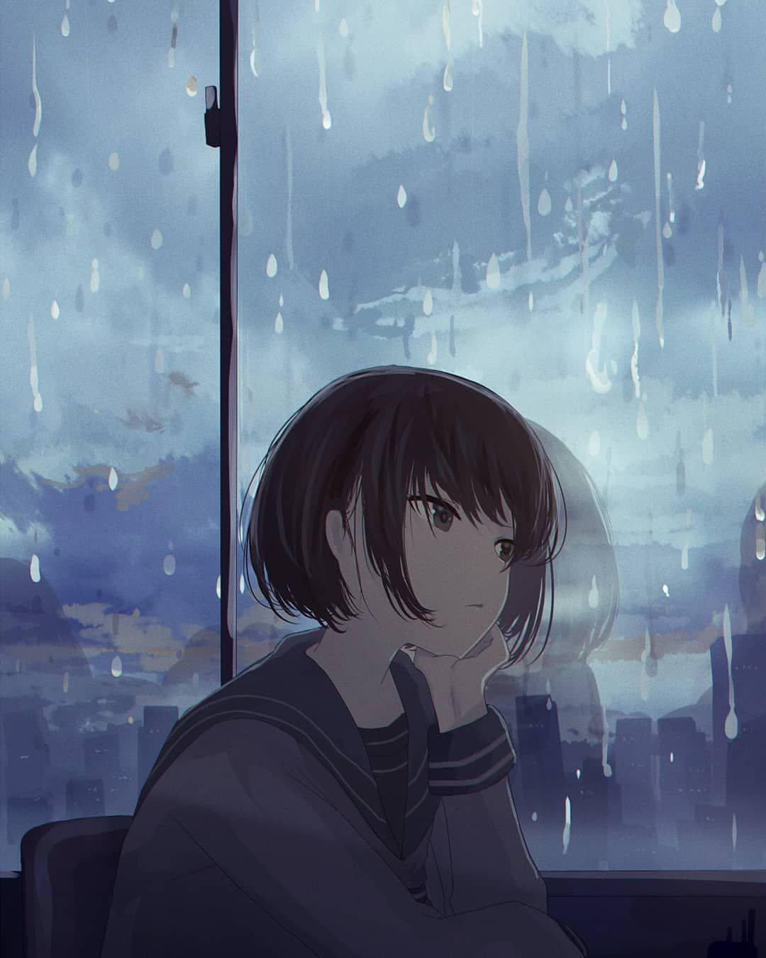 Anime Girl Sad Alone Leaning On Window Raining — 1080x1350 wallpaper