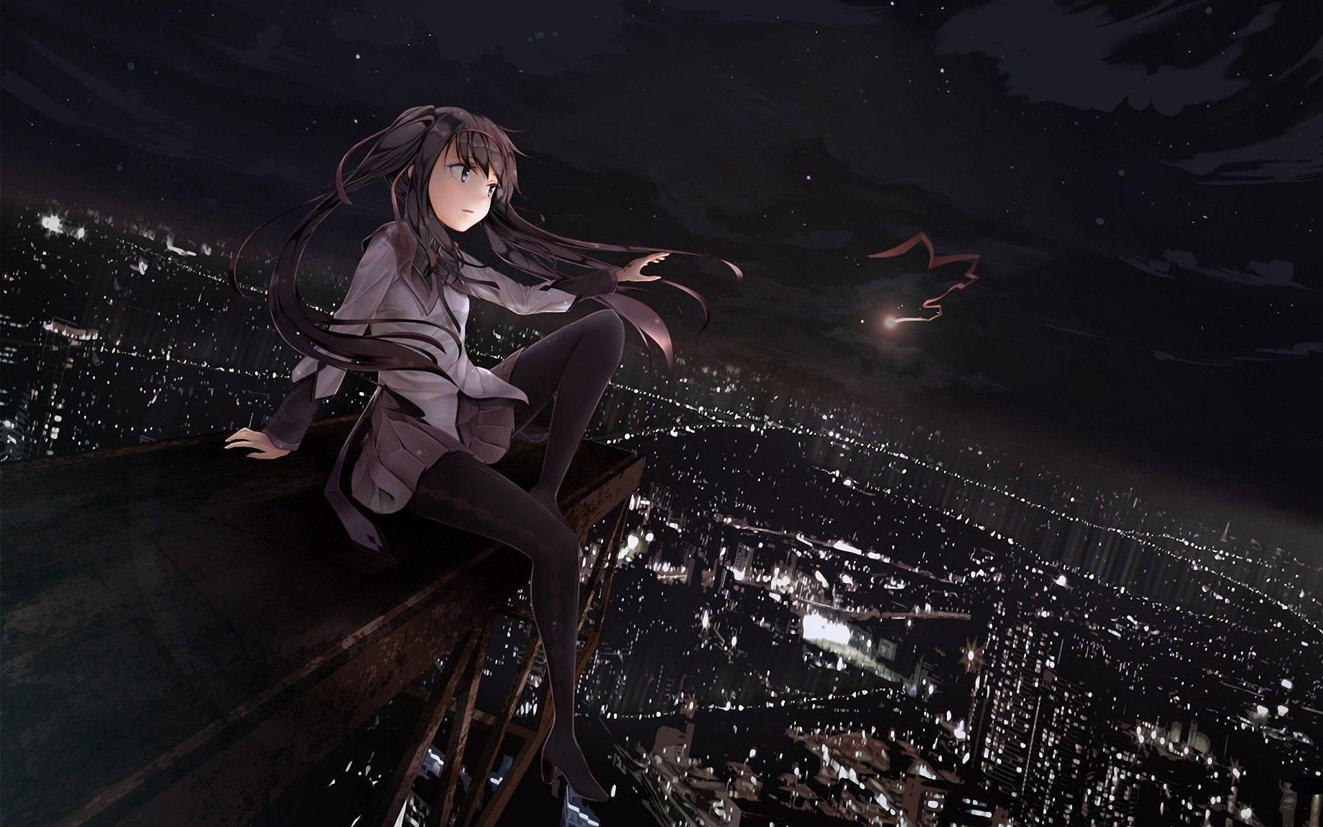 Anime Girl Sad Alone On Ledge City View — 1920x1200 wallpaper