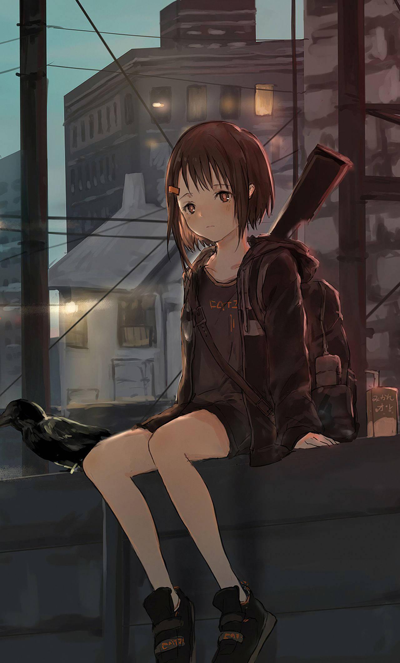 Anime Girl Sad Alone On Ledge — 1280x2120 wallpaper