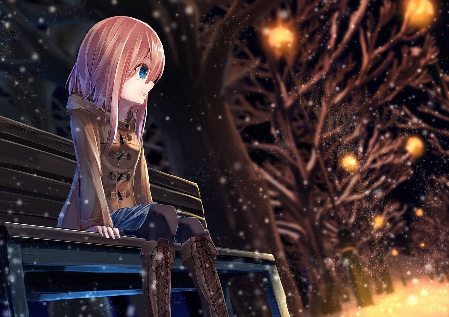 Anime Girl Sad Alone On Park Bench — 1500x1060 wallpaper