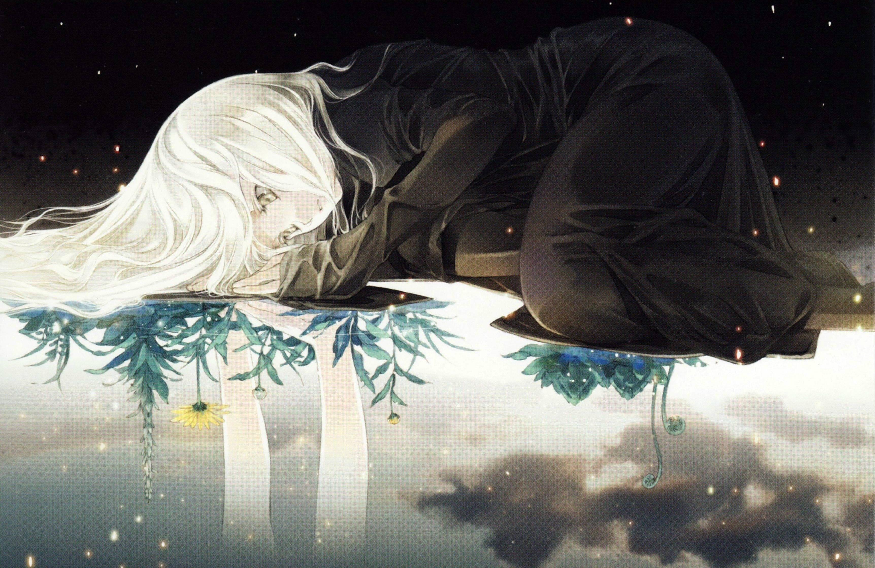Anime Girl Sad Alone On Reflective Water — 3447x2240 wallpaper