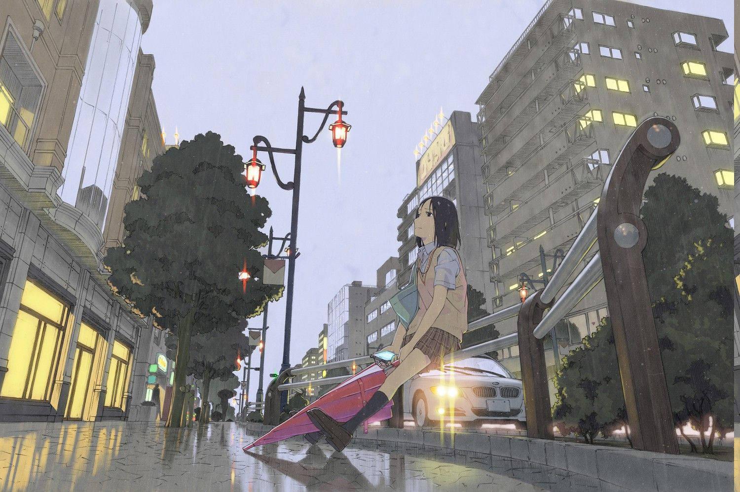 Anime Girl Sad Alone On Sidewalk Raining — 1500x998 wallpaper