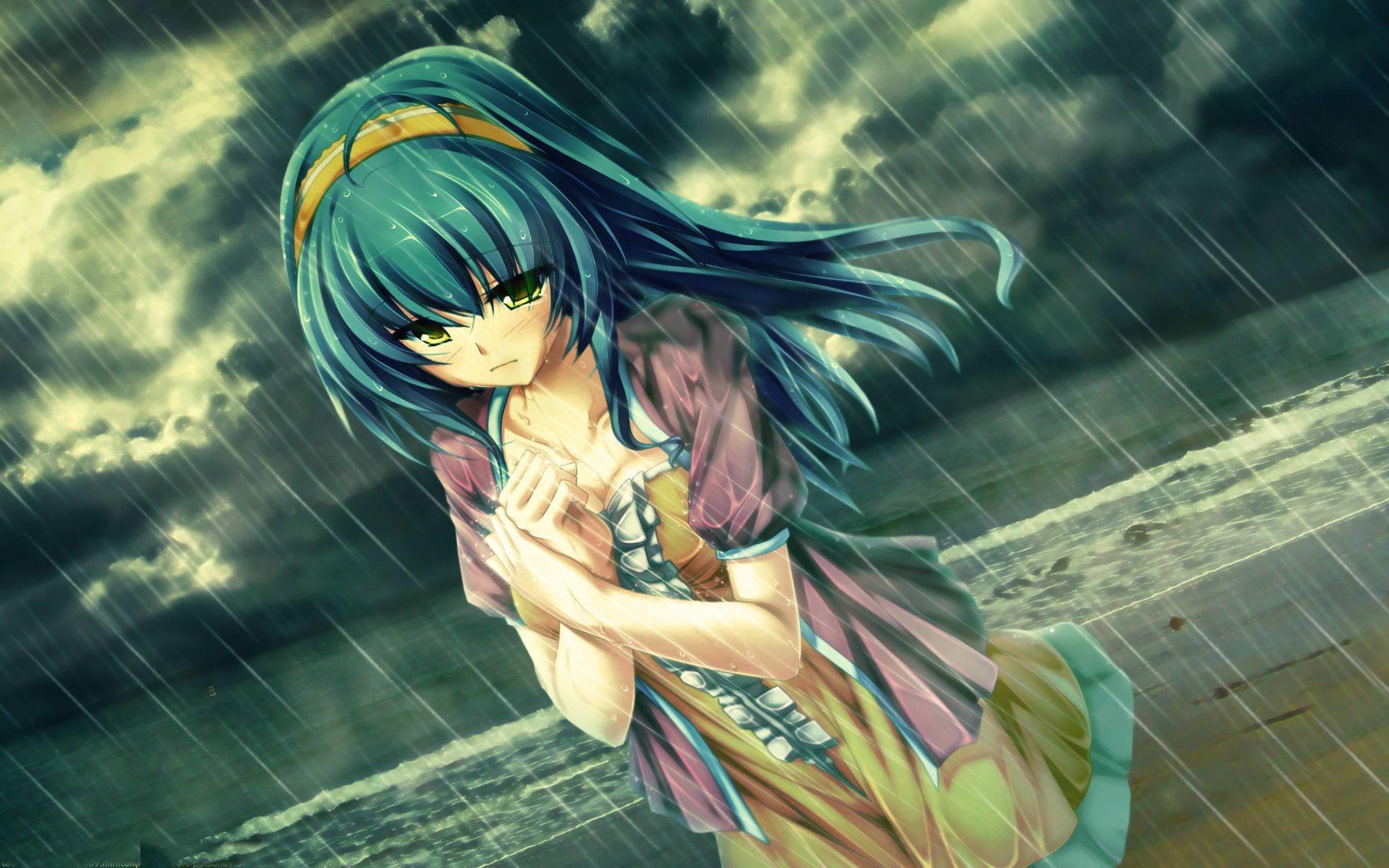 Anime Girl Sad Alone Rainy Beach — 1920x1200 wallpaper