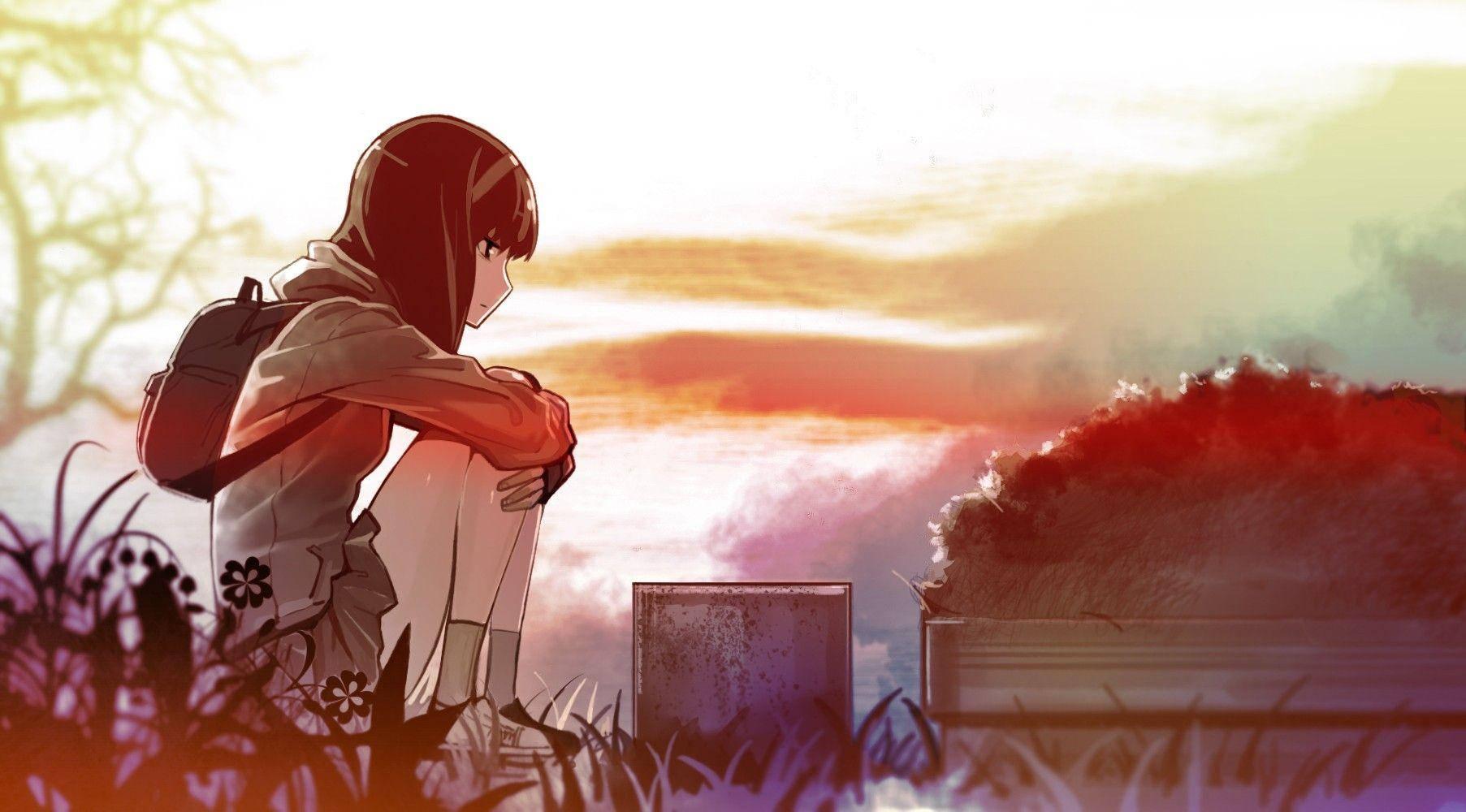 Anime Girl Sad Alone Sitting With Backpack — 1805x1000 wallpaper