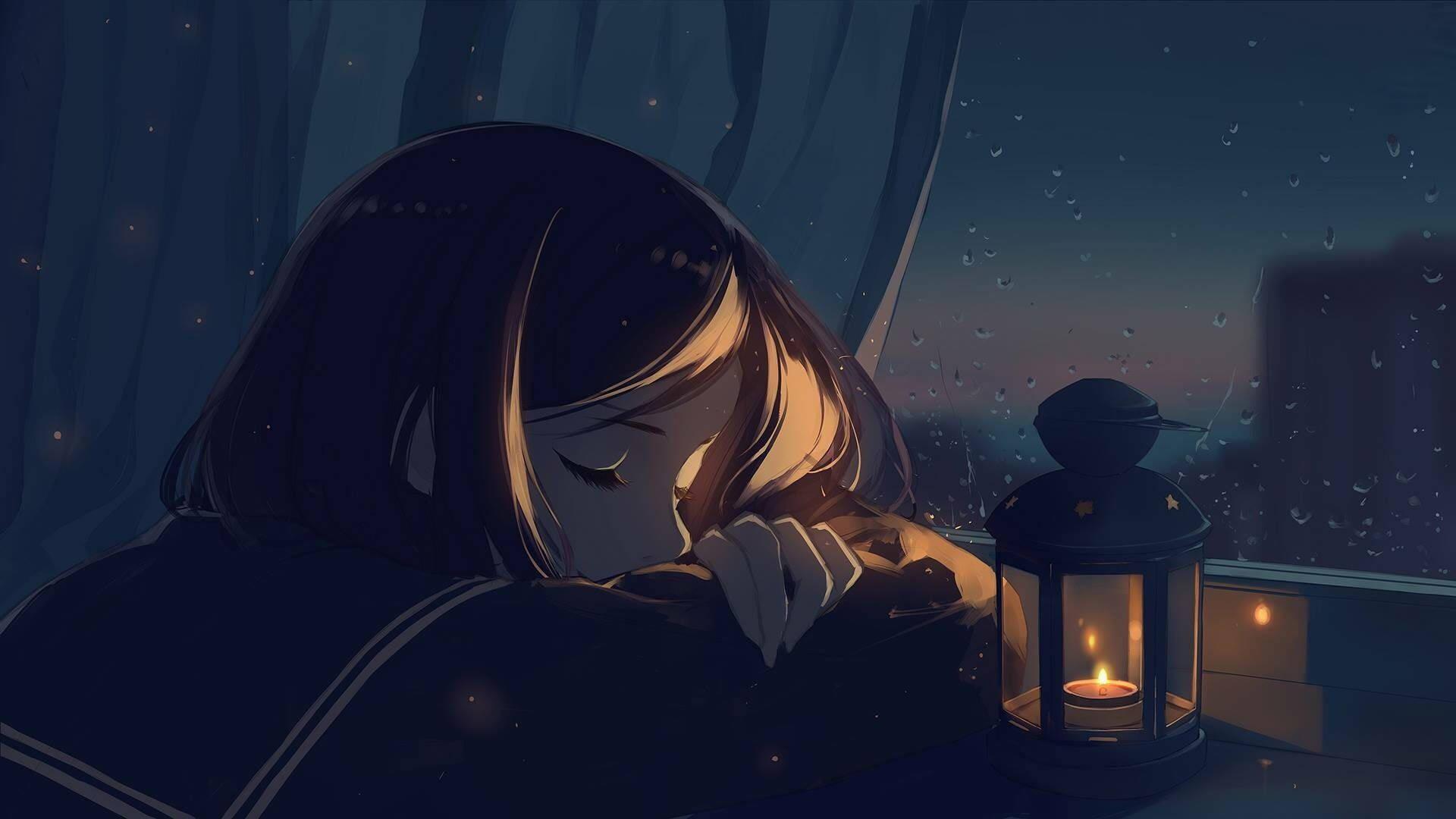 Anime Girl Sad Alone Sleeping With Lantern — 1920x1080 wallpaper