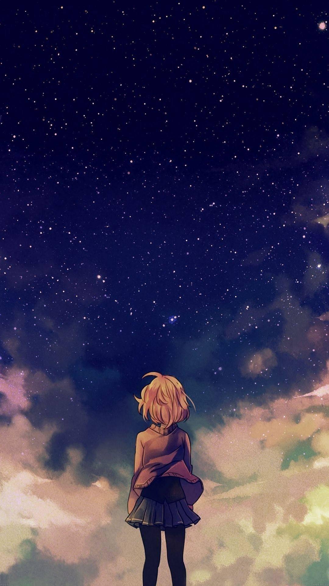 Anime Girl Sad Alone Starry Sky — 1080x1920 wallpaper