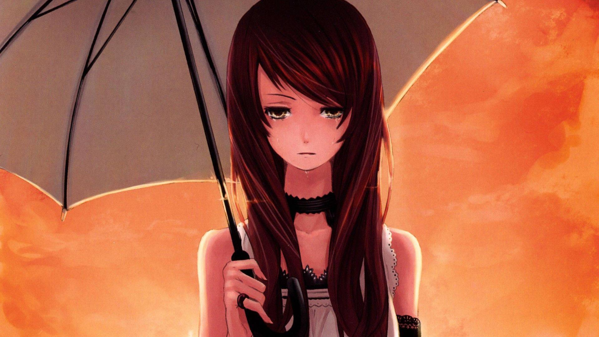 Anime Girl Sad Alone Umbrella Orange Aesthetic Sky — 1920x1080 wallpaper