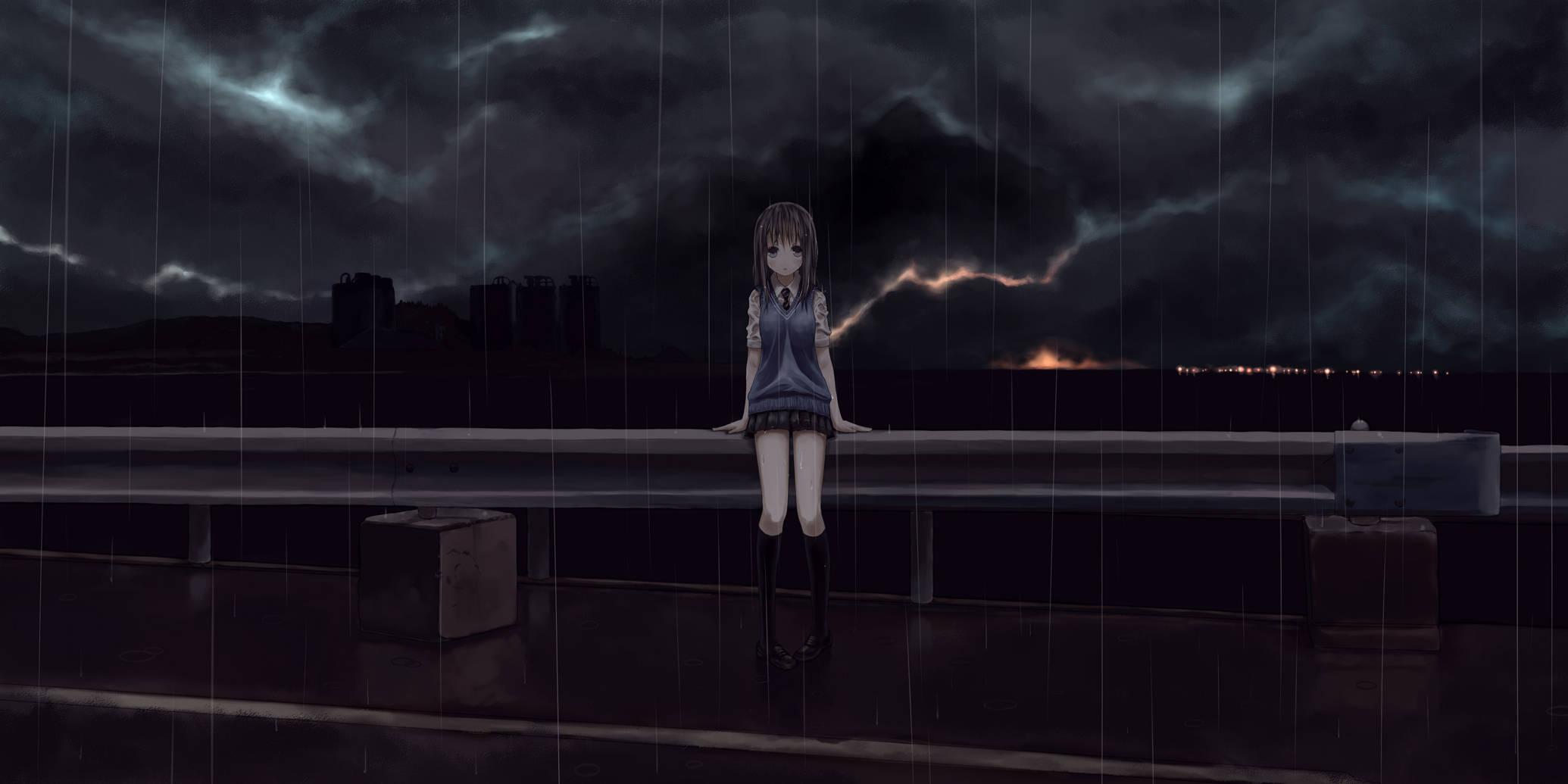 Anime Sad Girl In The Rain — 2070x1035 wallpaper