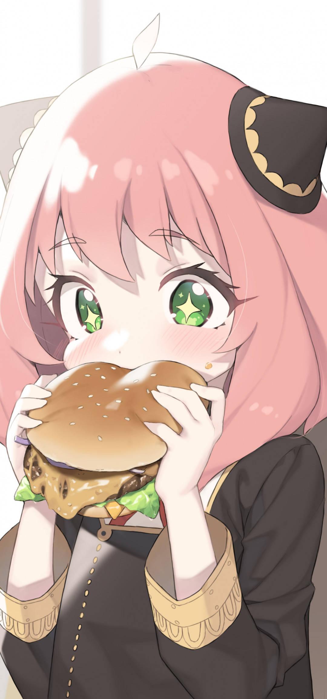 Anya Forger Enjoying a Delicious Burger — 1080x2310 wallpaper