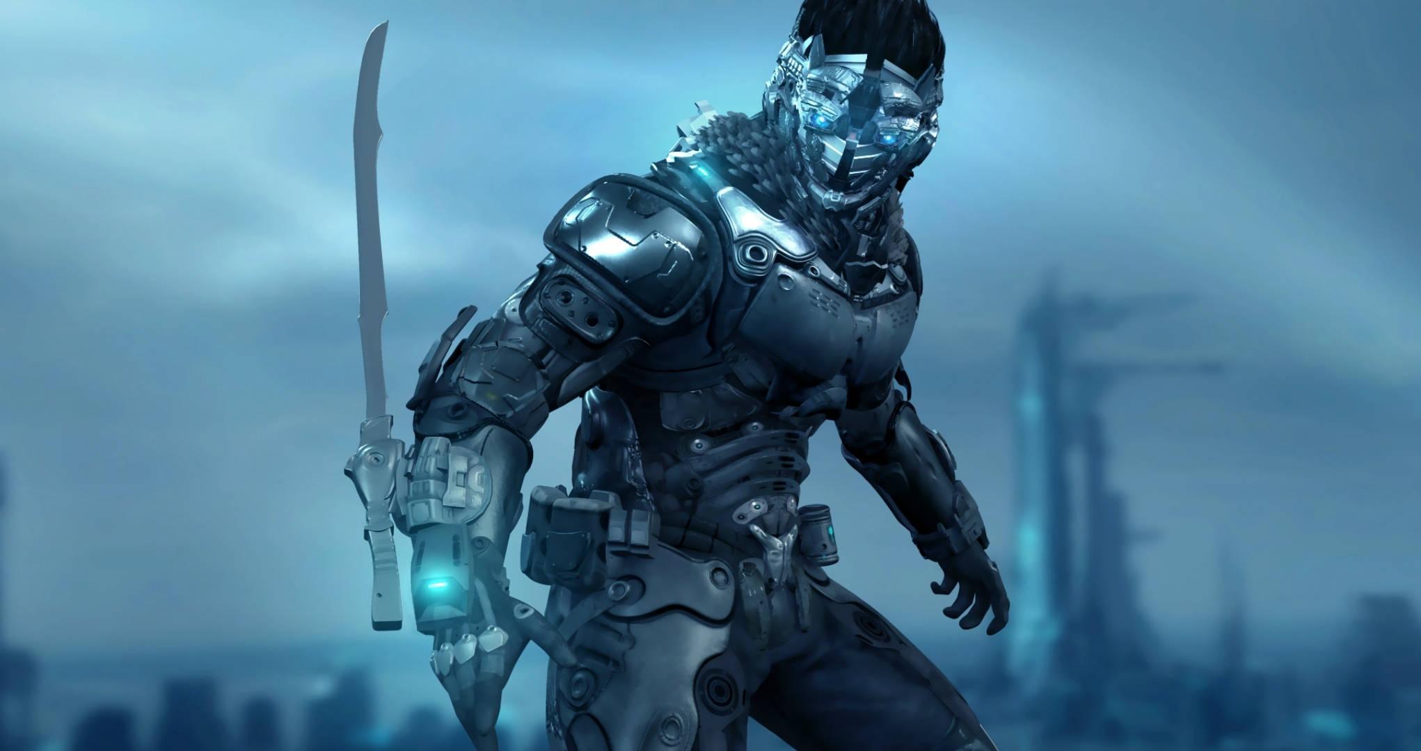 Armored warrior wielding a sword in a cyberpunk world — 2042x1080 wallpaper