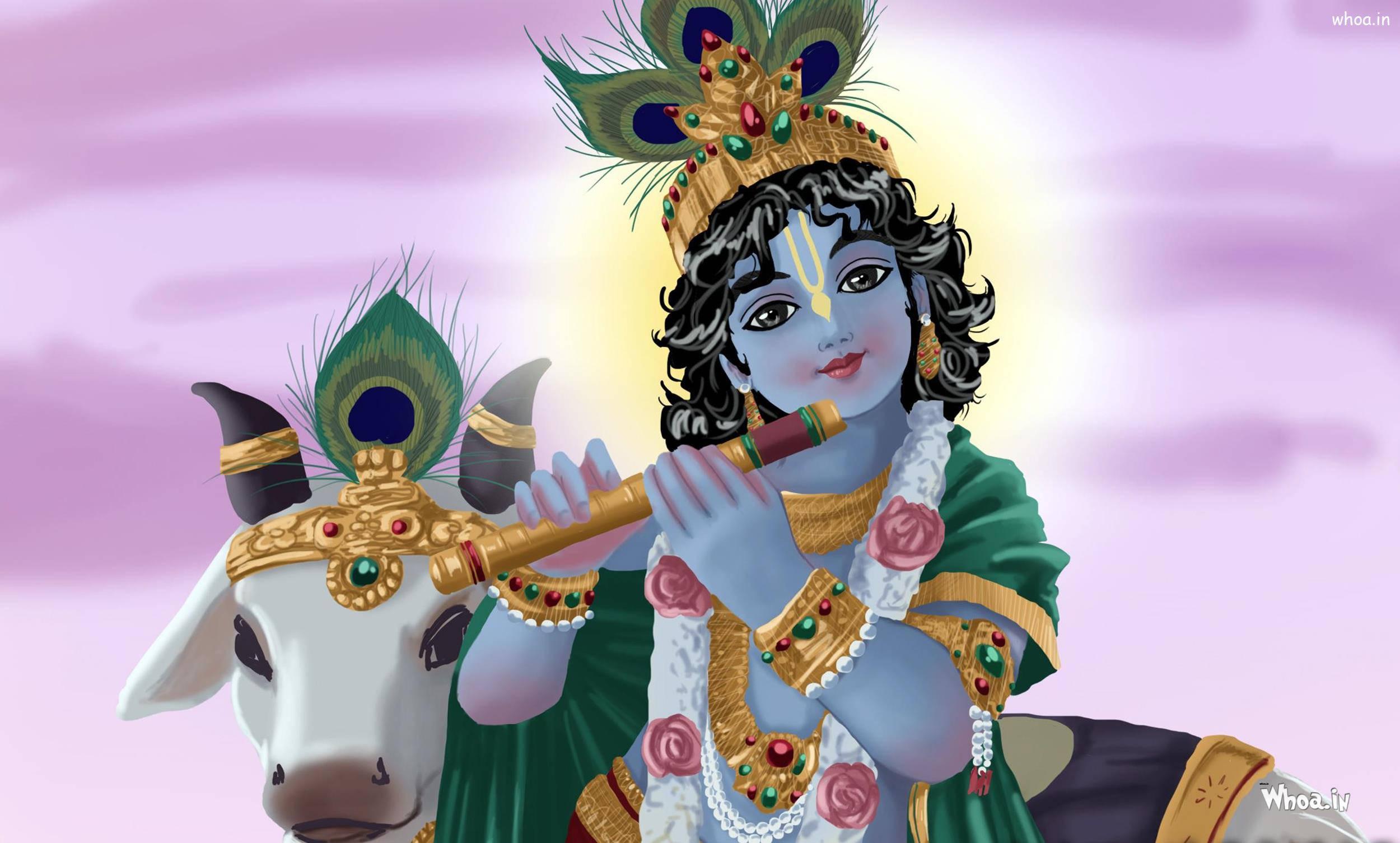 Bal Krishna Drawing With A White Cow — 2500x1505 wallpaper