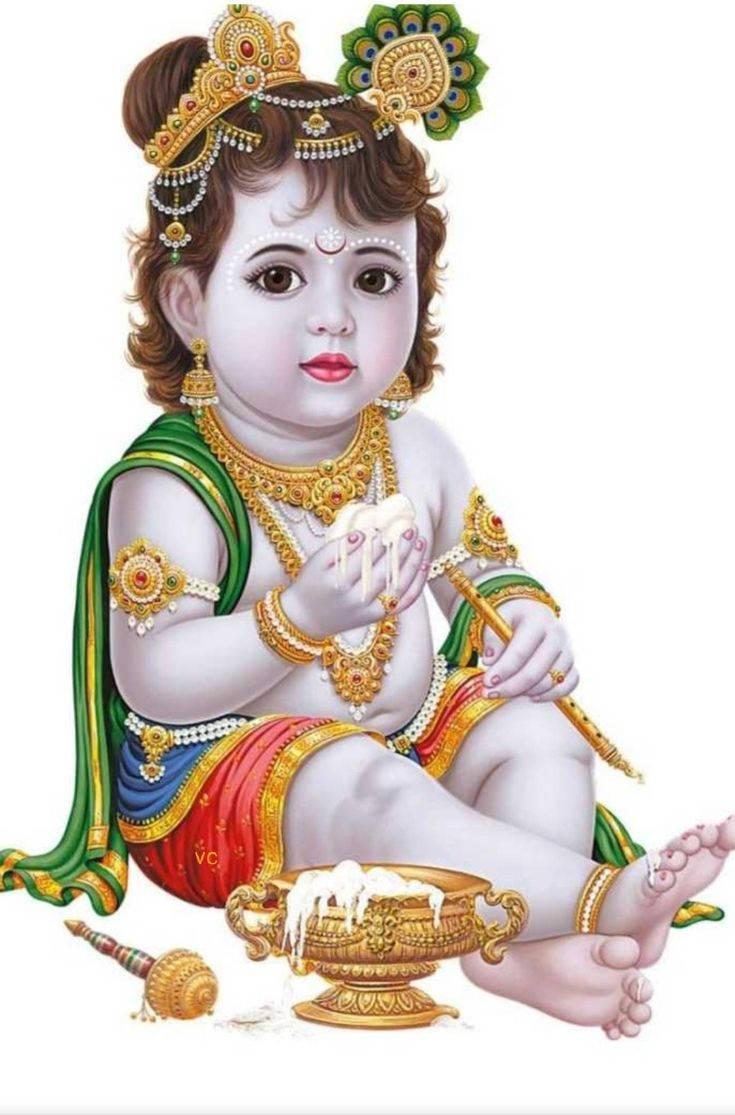 Bal Krishna With Milk Curd And Flute — 735x1115 wallpaper