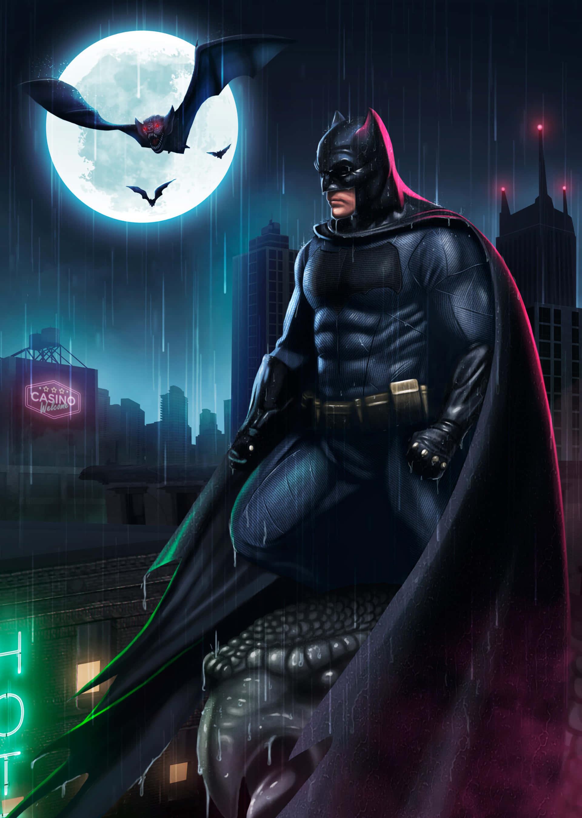 Batman Digital Art Under Full Moon And Rain Picture — 1920x2700 wallpaper