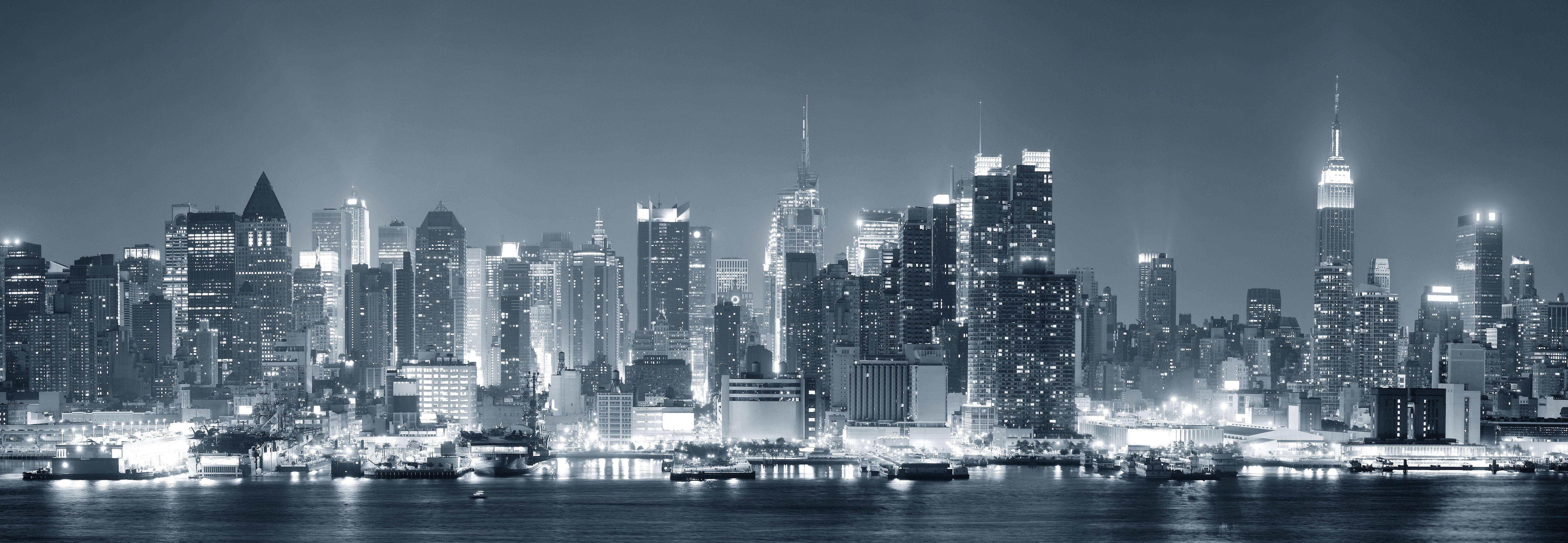 Black And White Buildings Dual Monitor — 7397x2564 wallpaper