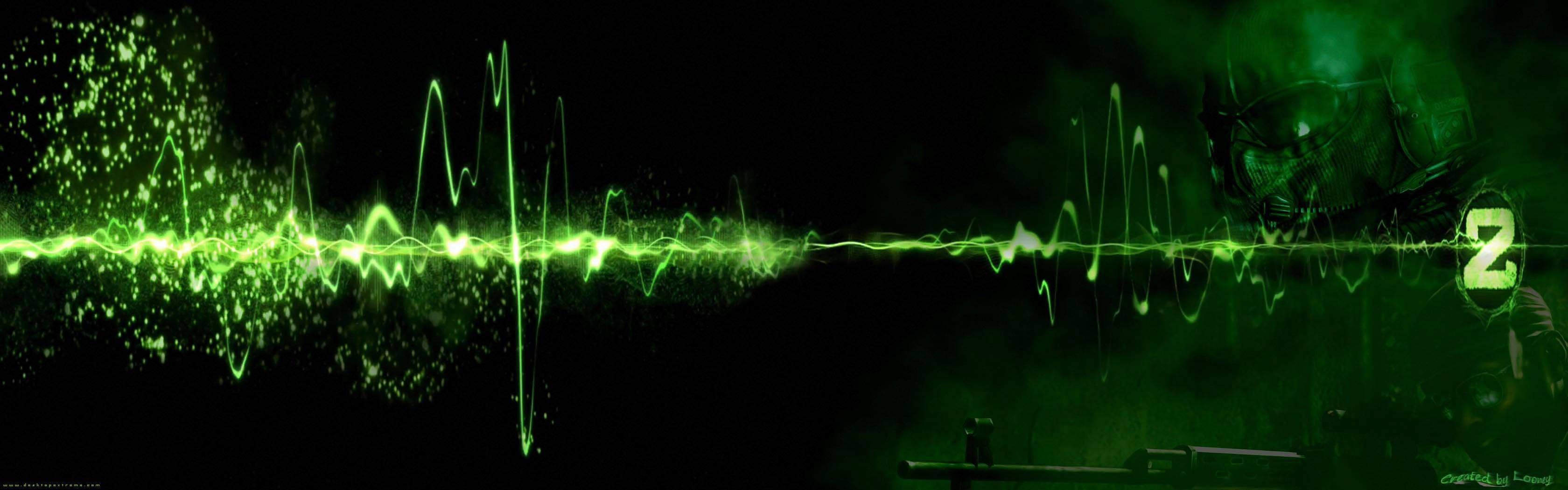 Bookshelf Amidst a Wavy Green Ocean of Monitors — 3360x1050 wallpaper