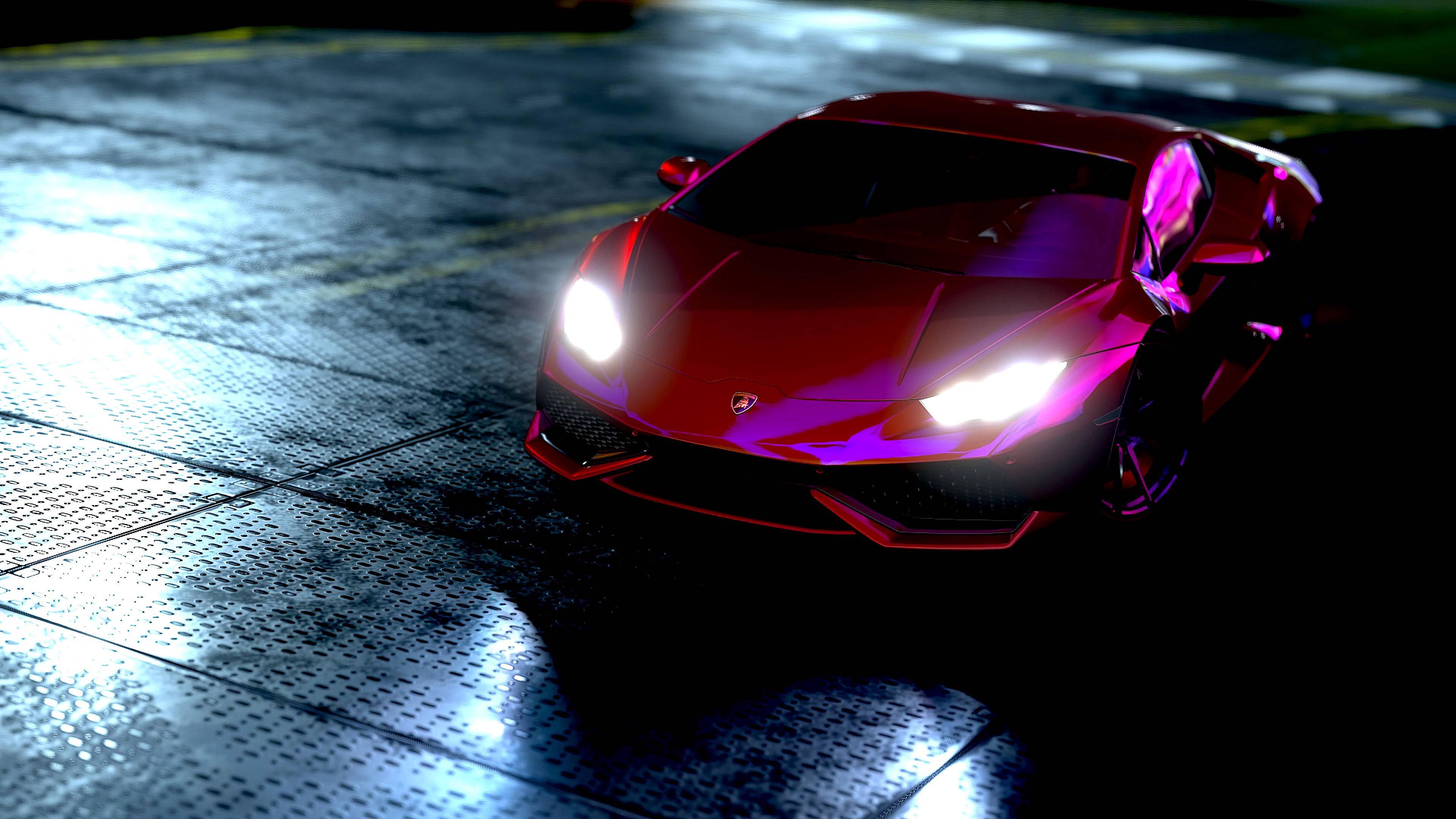 Bright Lights, Big City: Red Lamborghini Huracan Includes Neon Glow — 3840x2160 wallpaper