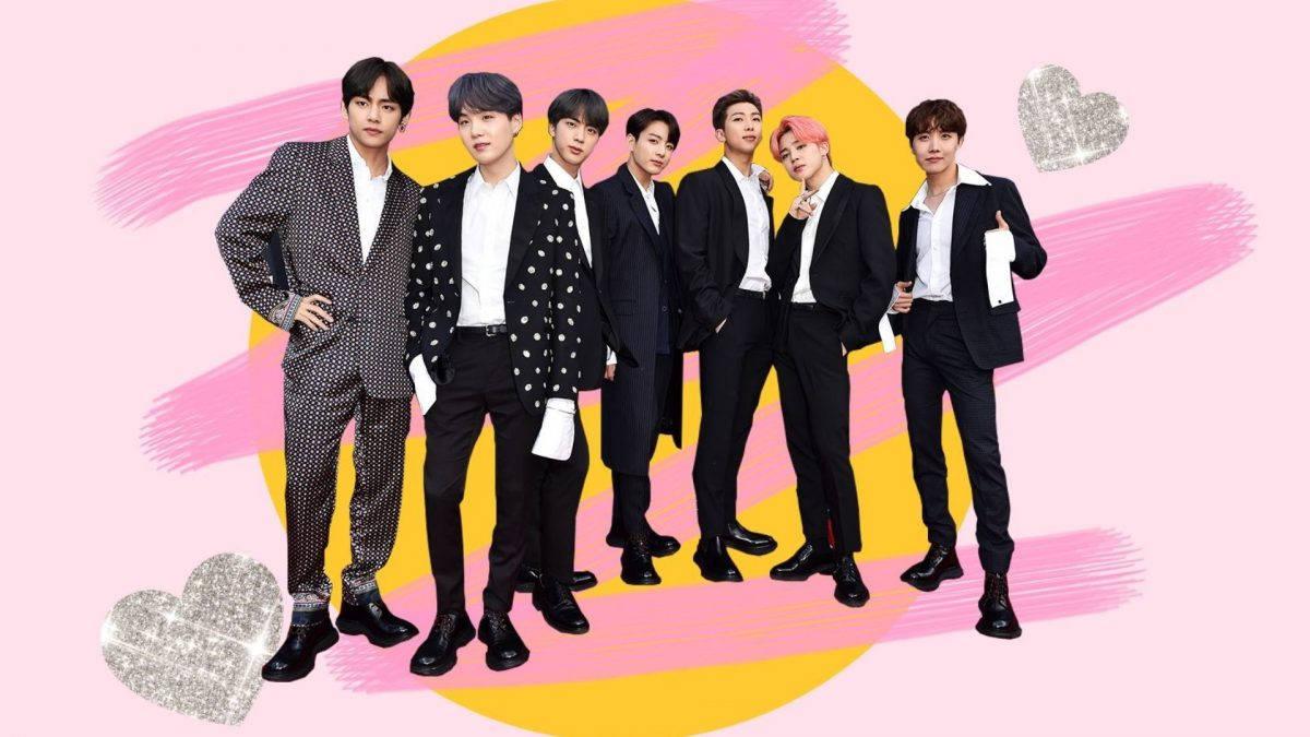 BTS Group Against Cute Pink And Yellow Brush Backdrop — 1200x675 wallpaper