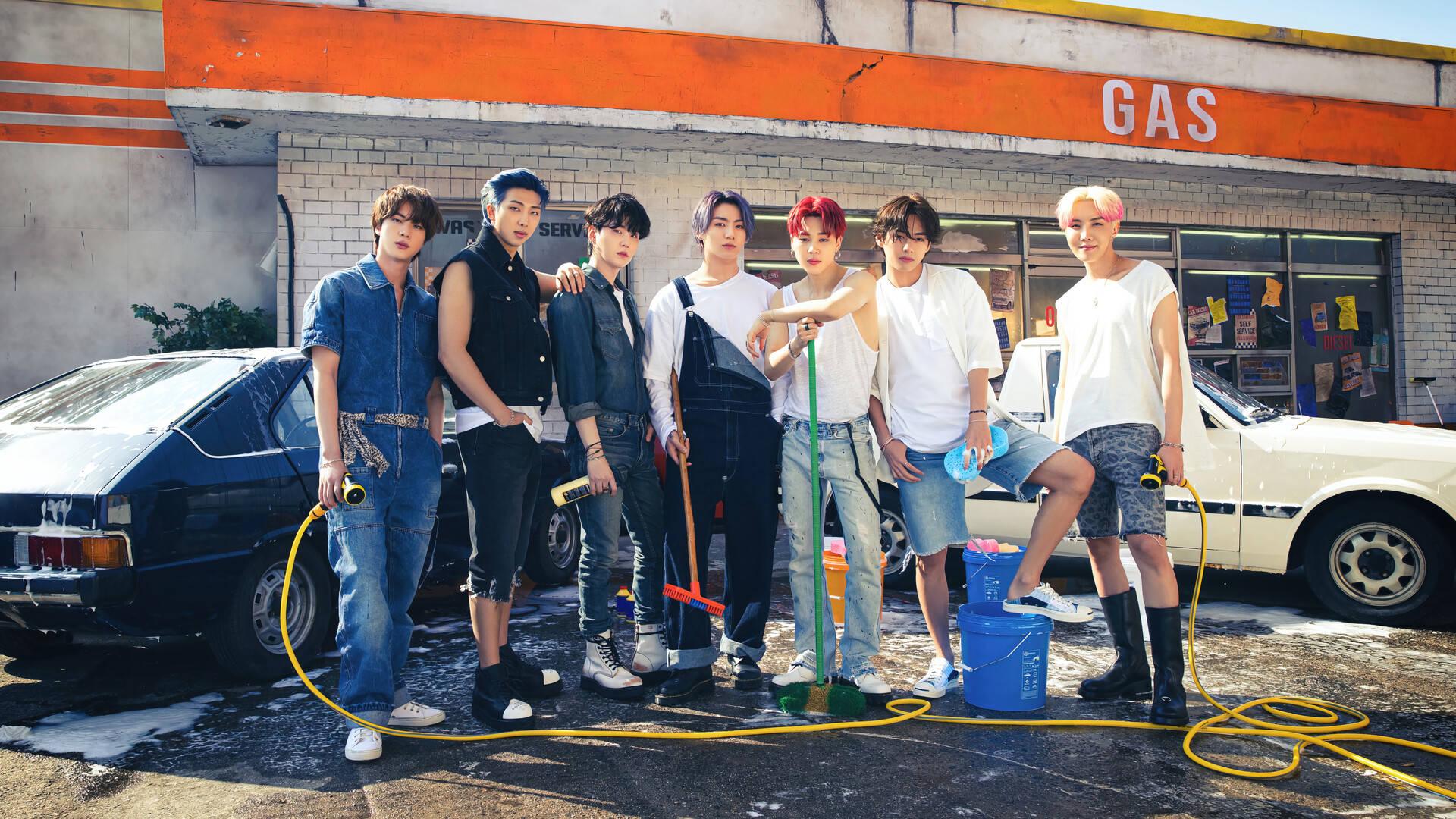 BTS Group Photo At Carwash Station — 1920x1080 wallpaper