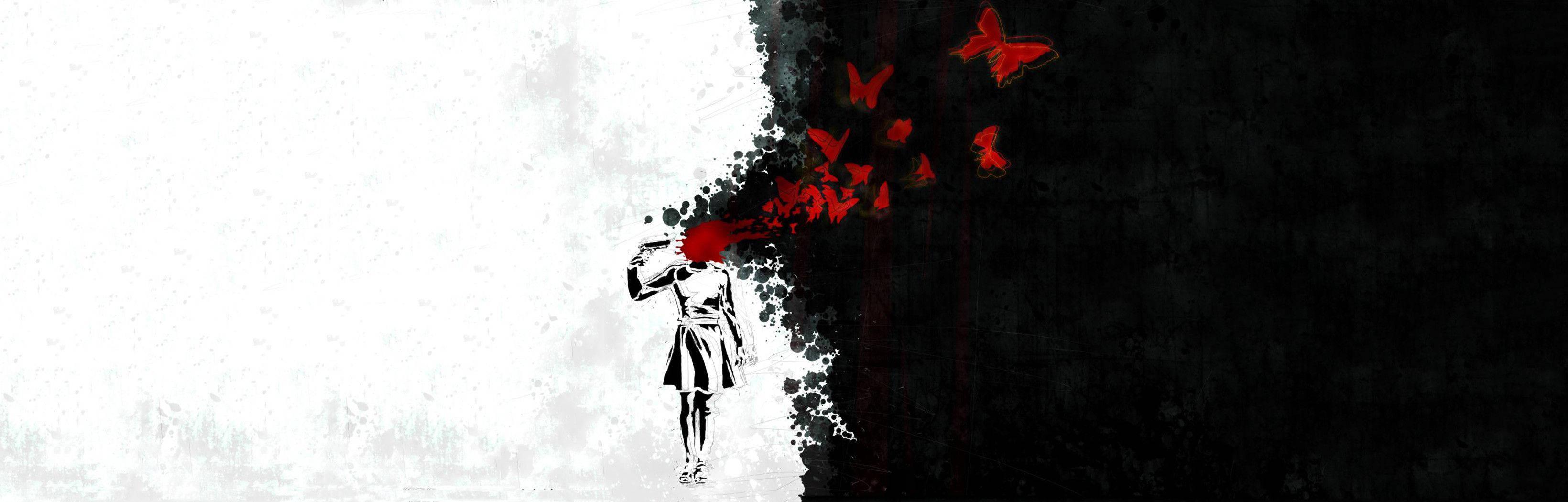 Butterfly Girl with a Dual Monitor — 3280x1050 wallpaper