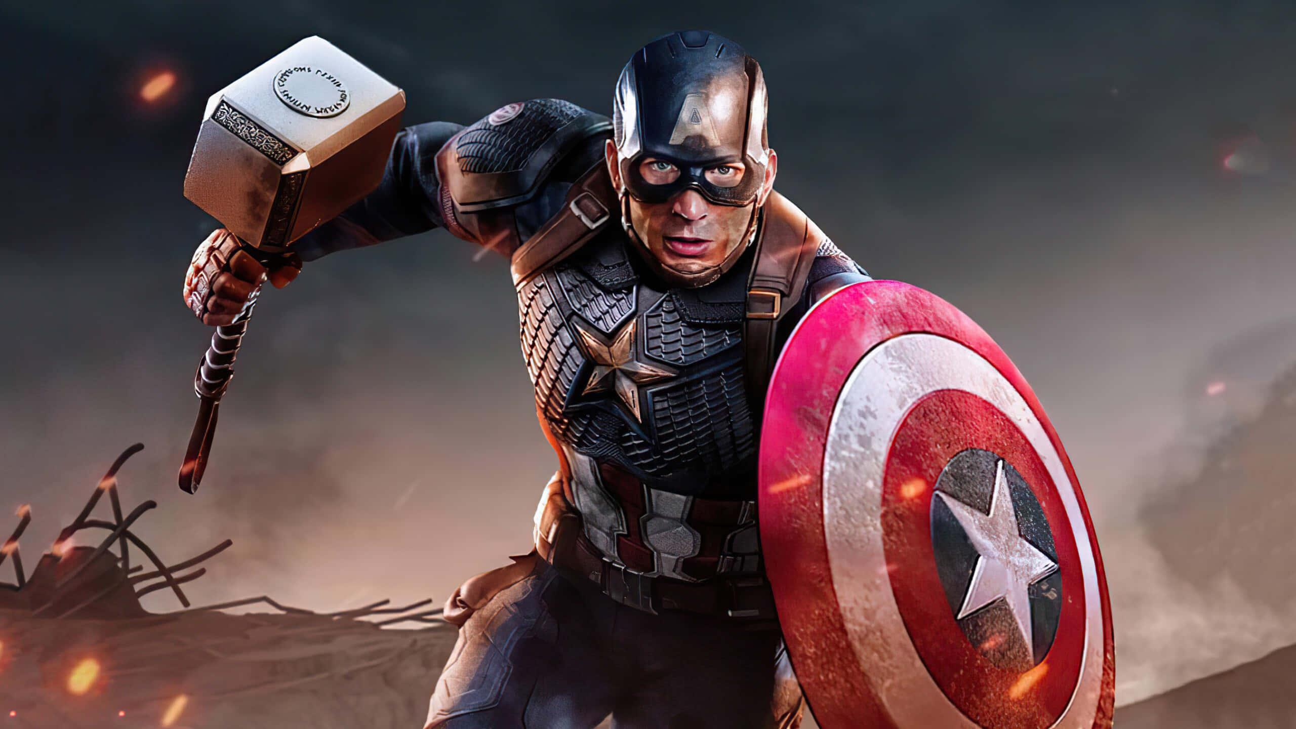 Captain America Steve Rogers With Thor Hammer Background — 2560x1440 wallpaper