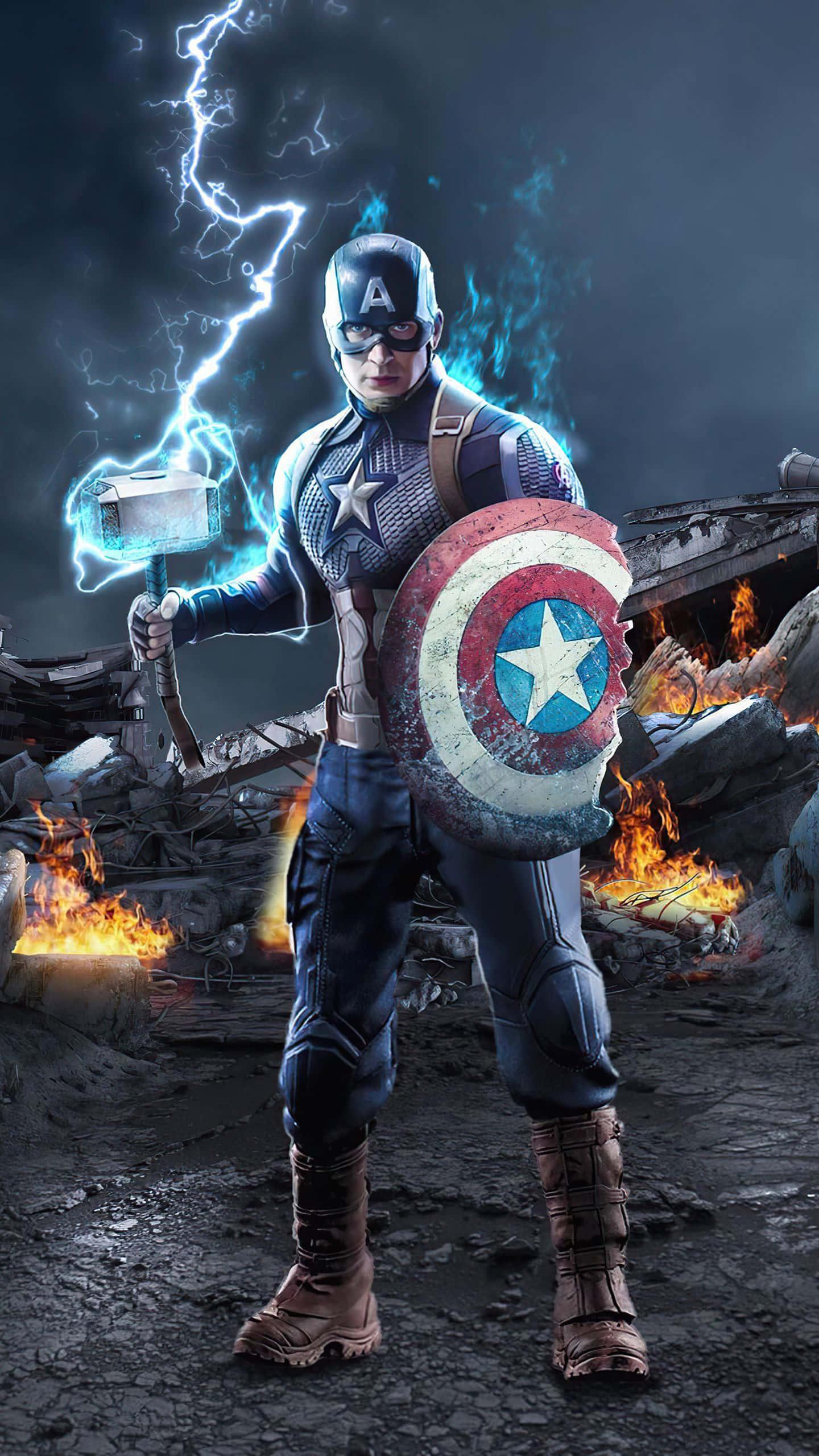 Captain America With Mjölnir Full Shot Background — 1440x2560 wallpaper