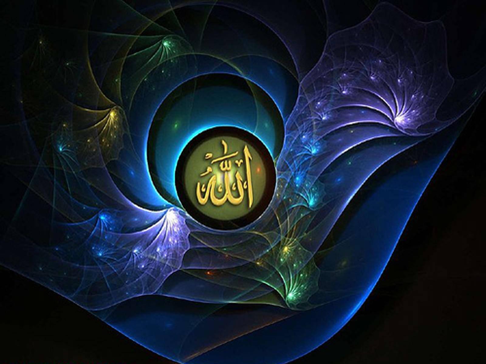 Allah's name in glowing Arabic calligraphy surrounded by enchanting flowers — 1600x1200 wallpaper