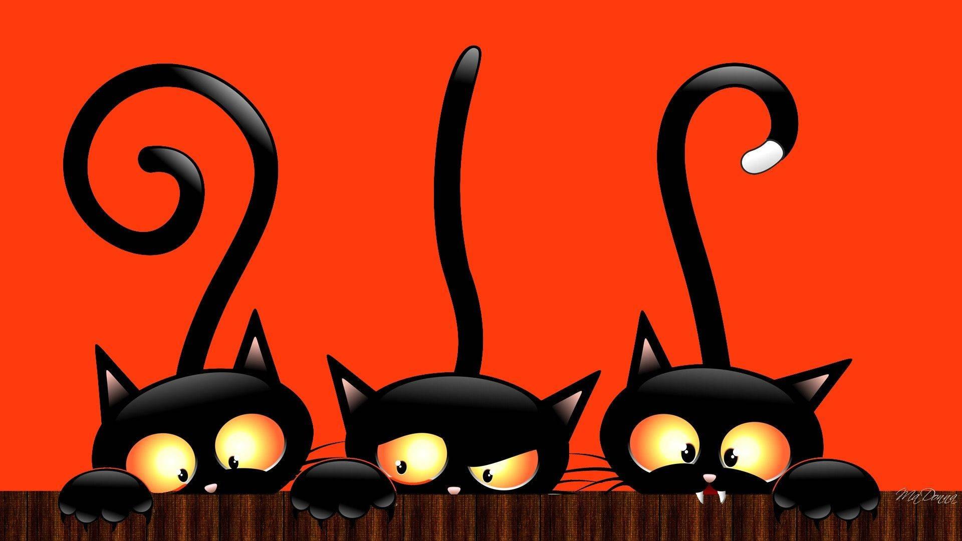 Gleeful Gathering of Cute Black Cartoon Cats on a Laptop — 1920x1080 wallpaper