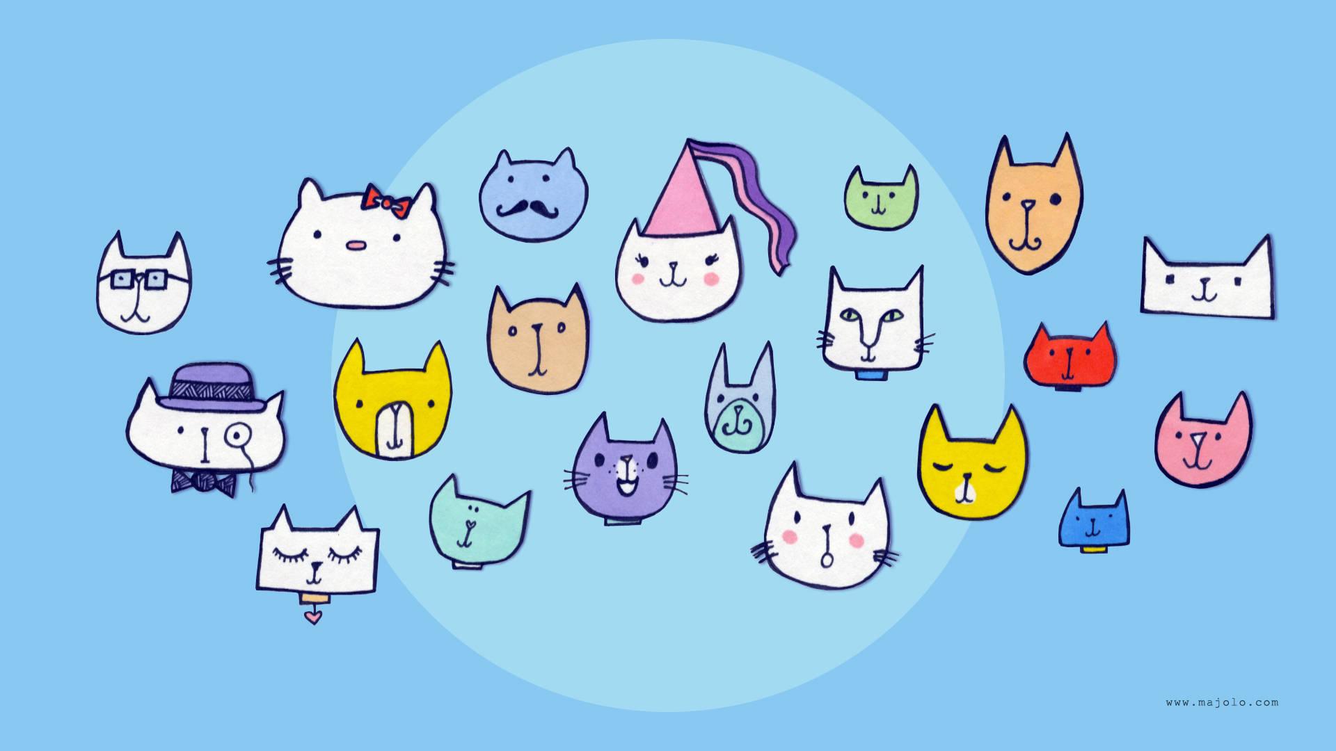 Cartoon Cats Faces Cute Laptop — 1920x1080 wallpaper