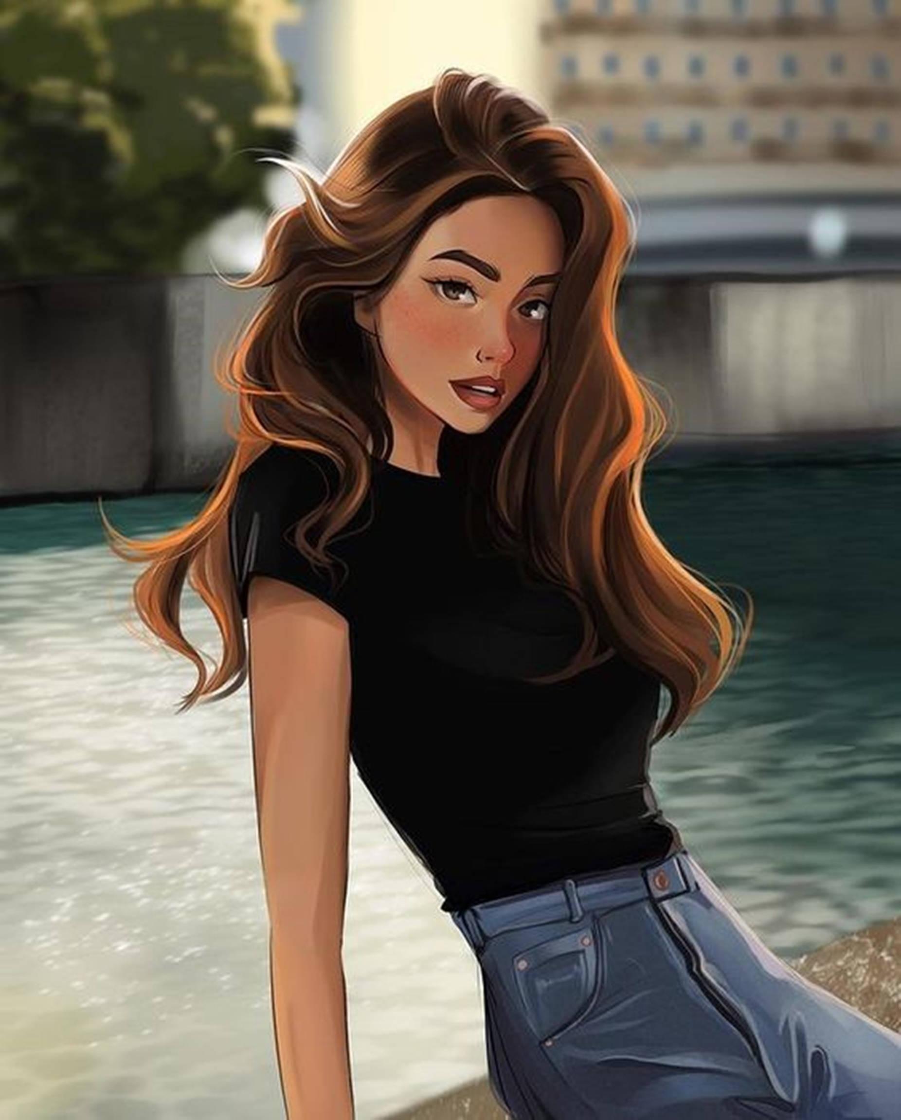 Cartoon Girl Near River Unique Cool PFP Illustration — 1852x2302 wallpaper