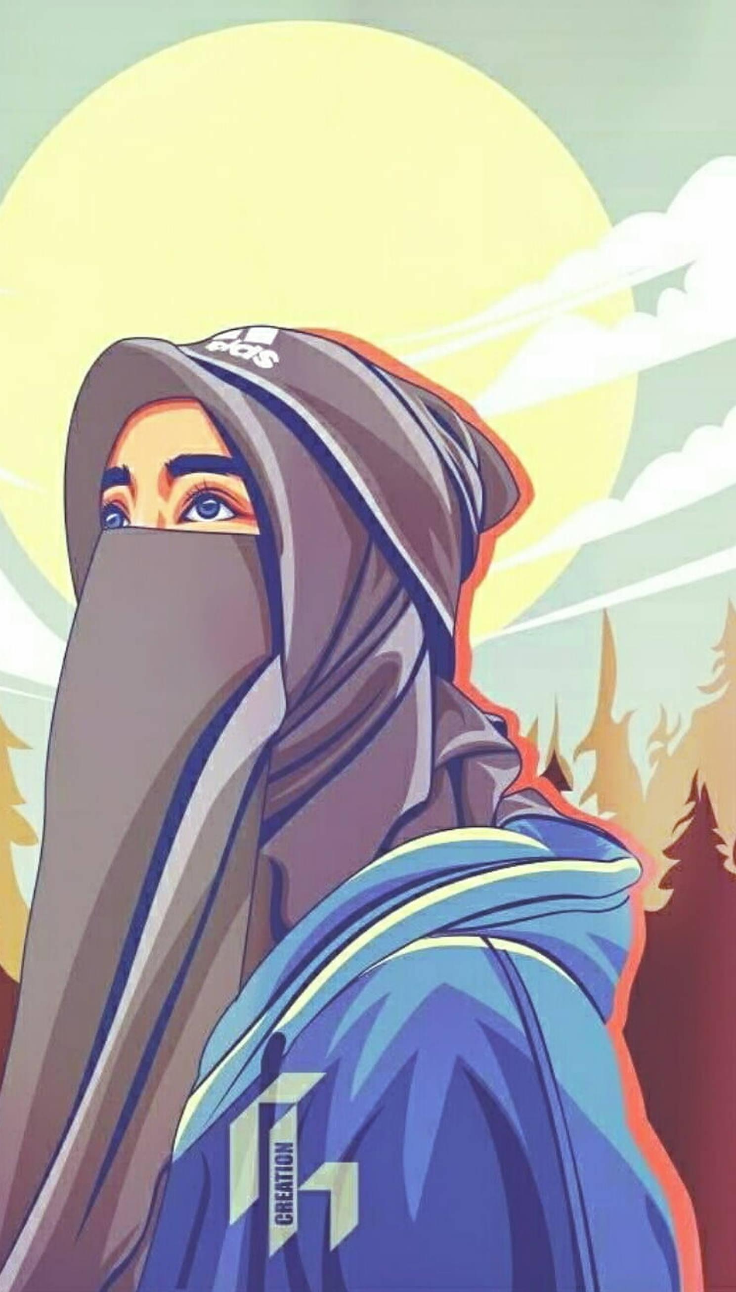 Cartoon Hijab Girl Sun — 1489x2613 wallpaper