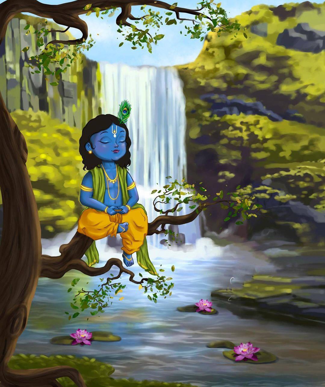 Cartoon Krishna Near Waterfall — 1080x1285 wallpaper