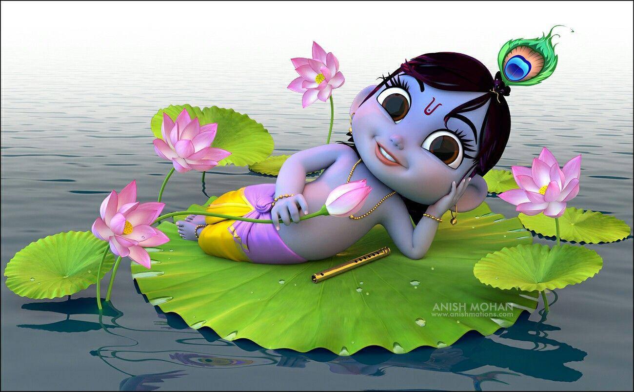 Cartoon Krishna On Lotus Flower — 1300x803 wallpaper