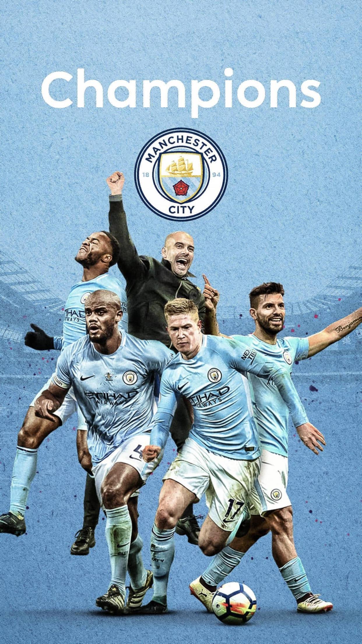 Celebrating their 2018 Premier League win, Manchester City football club revel in the successes of the new season. — 1242x2208 wallpaper