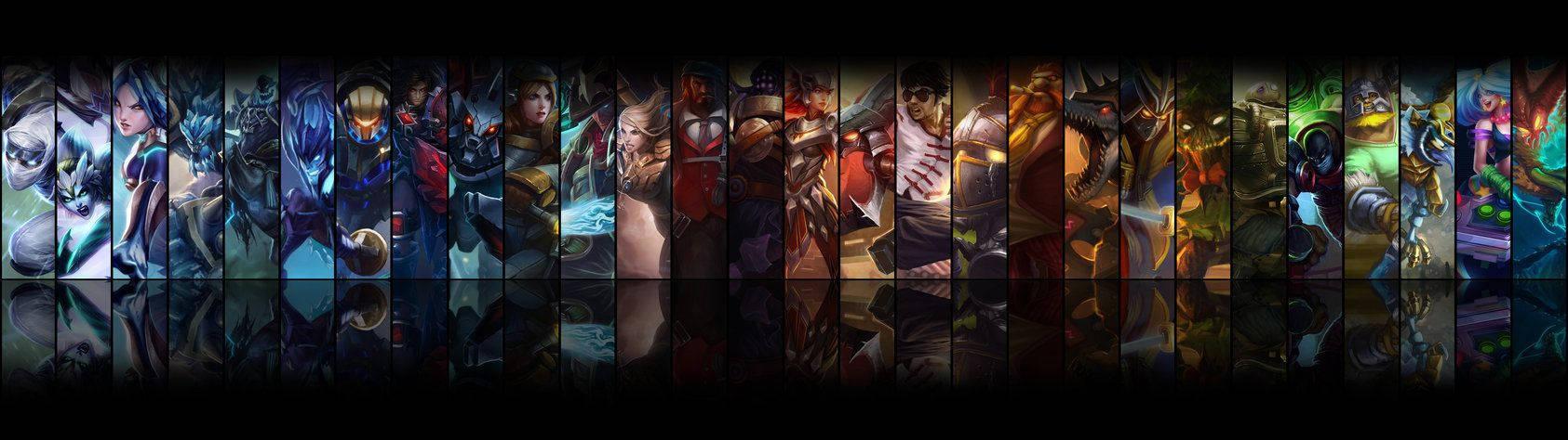 Champions Fight in Epic Battles Across 2 Screens in League of Legends — 1685x474 wallpaper