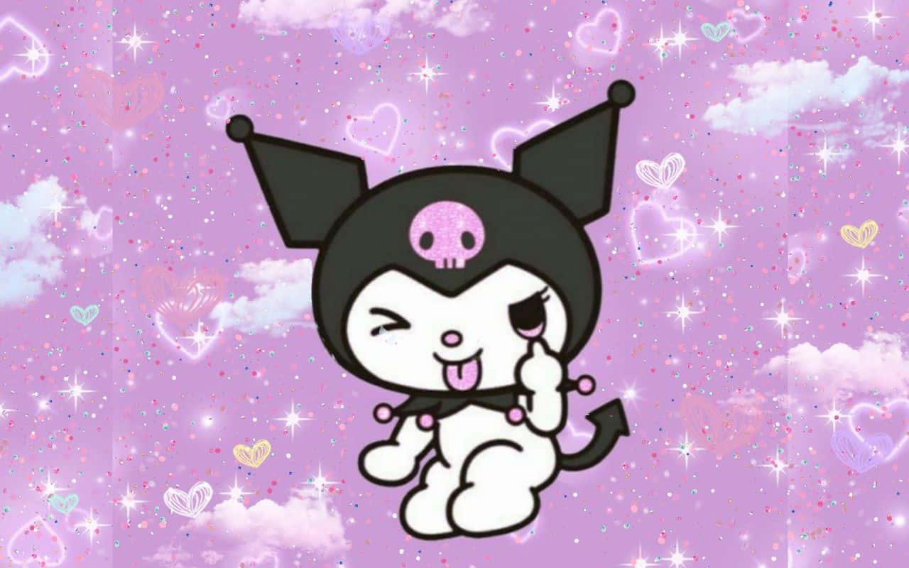 Check out the colorful and adorable Kuromi standing in front of a soft pink backdrop!