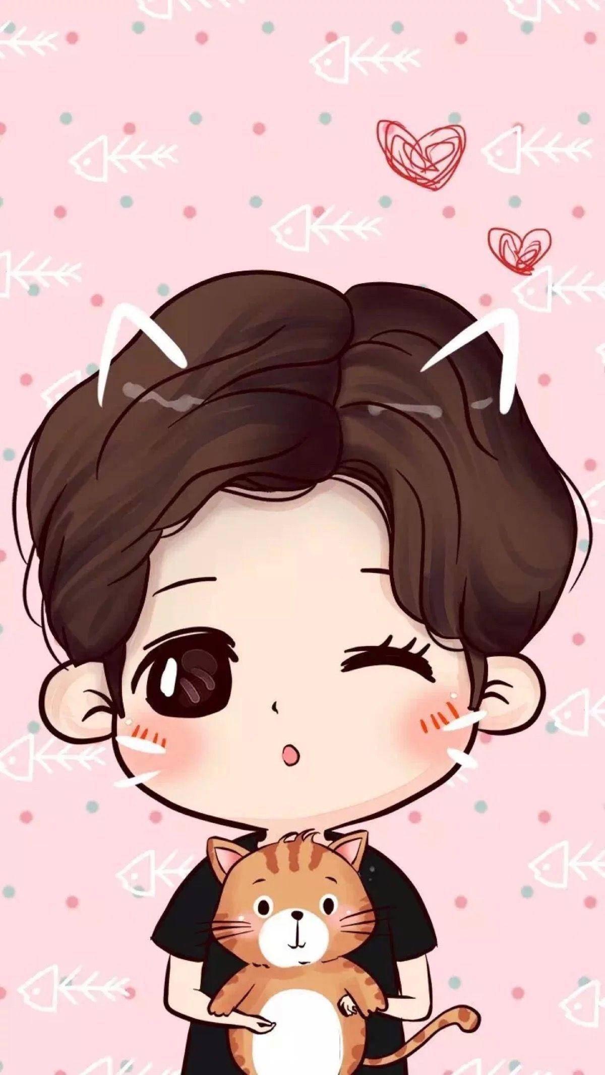 Chibi Cute Boy Cartoon With An Orange Cat — 1200x2133 wallpaper