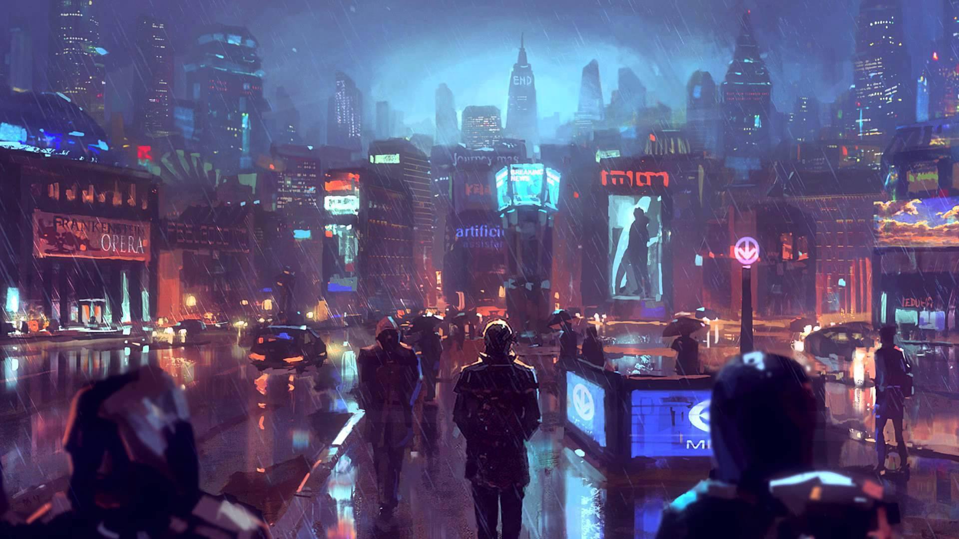 Citizens of the Cyberpunk City Battling the Rainy Season — 1920x1080 wallpaper