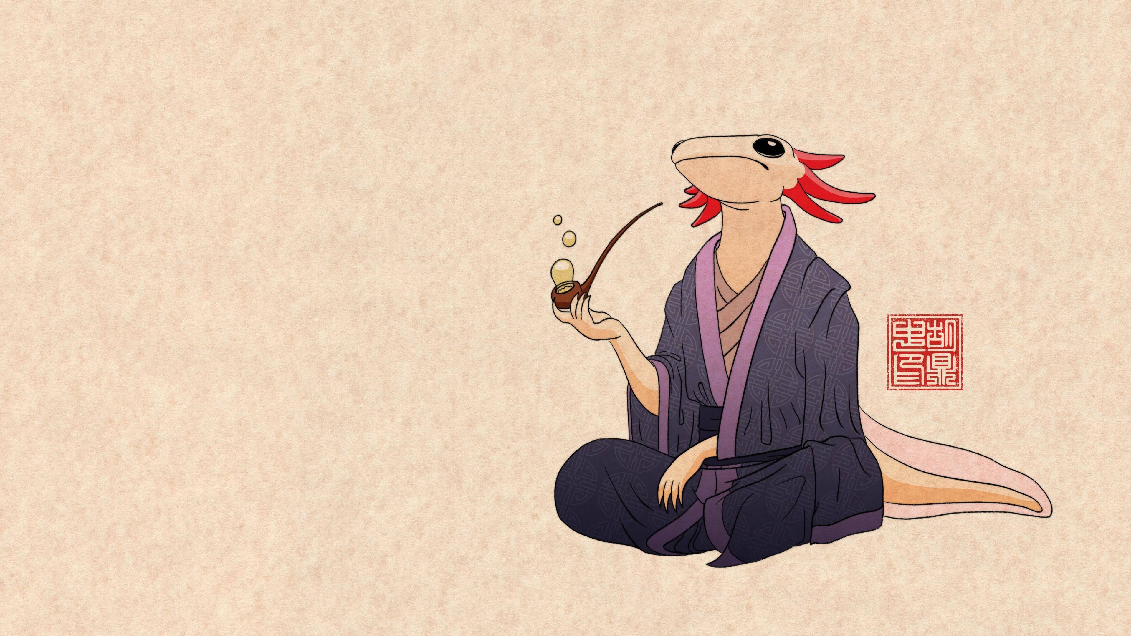 Comic Japanese Axolotl In Pink — 3840x2160 wallpaper