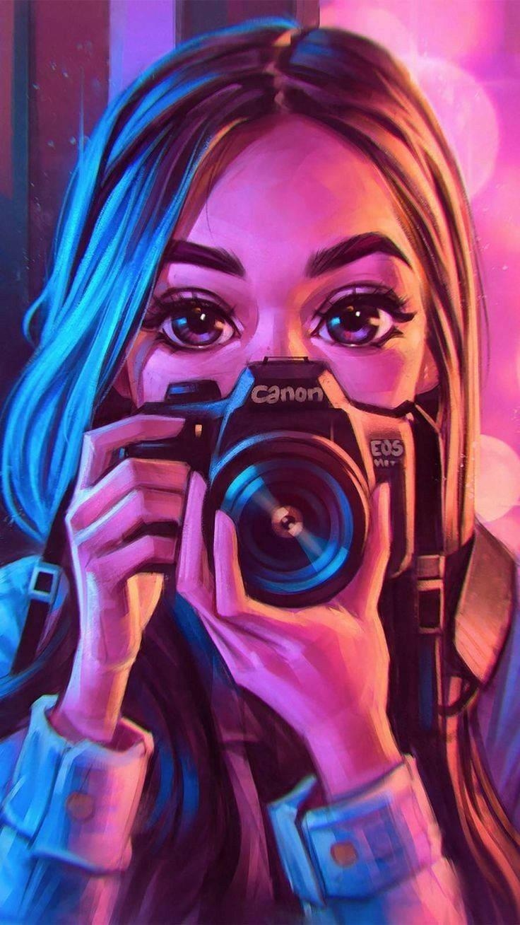 Cool Girl Cartoon Holding A Camera — 736x1308 wallpaper