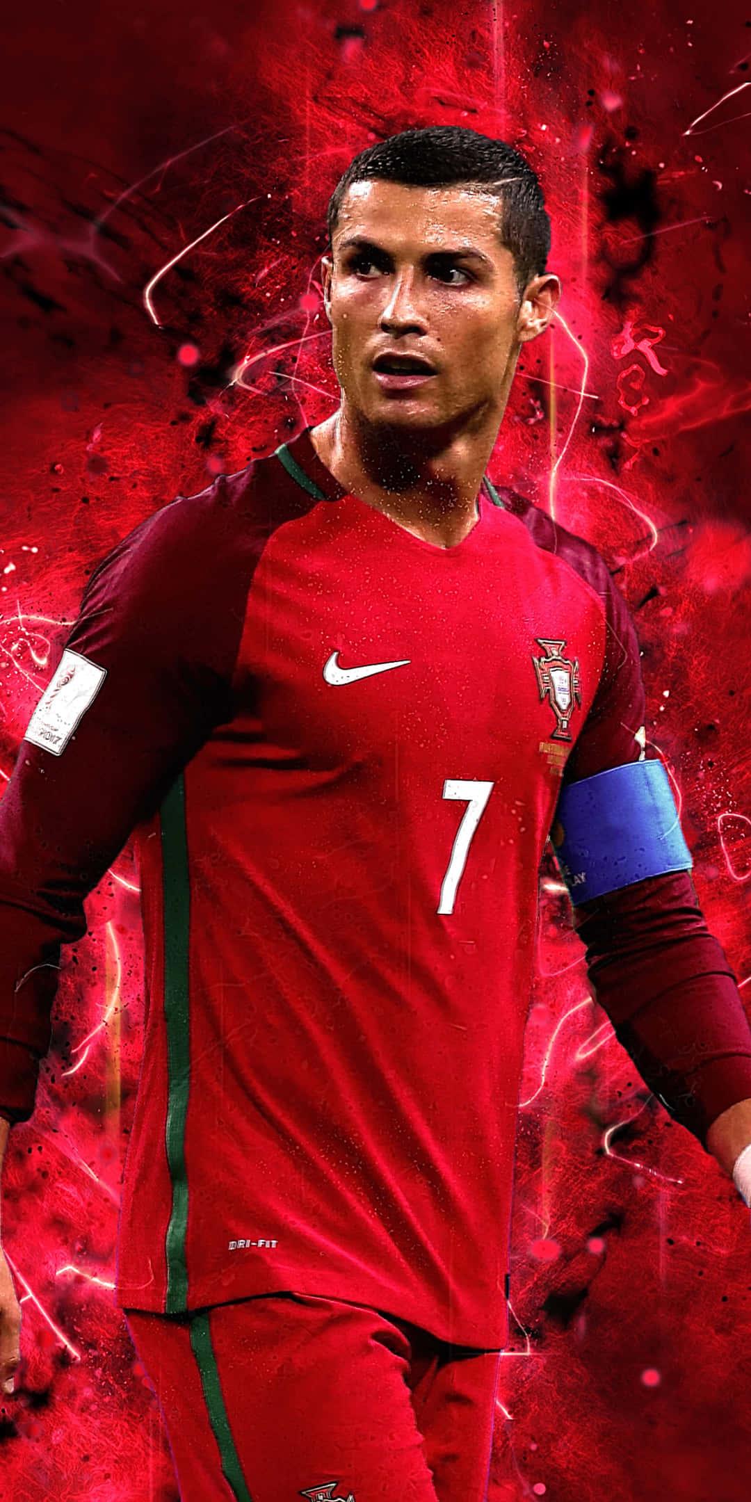 Cristiano Ronaldo striking a powerful shot on the field