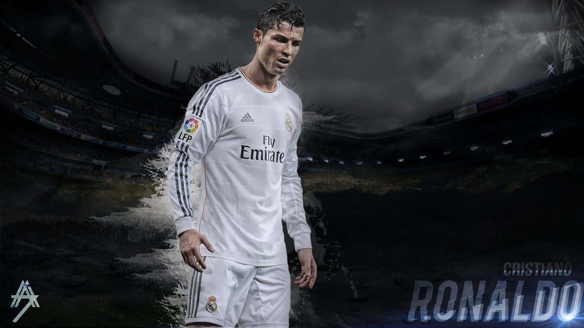 Cristiano Ronaldo, the Portuguese footballer, strikes a triumphant pose.