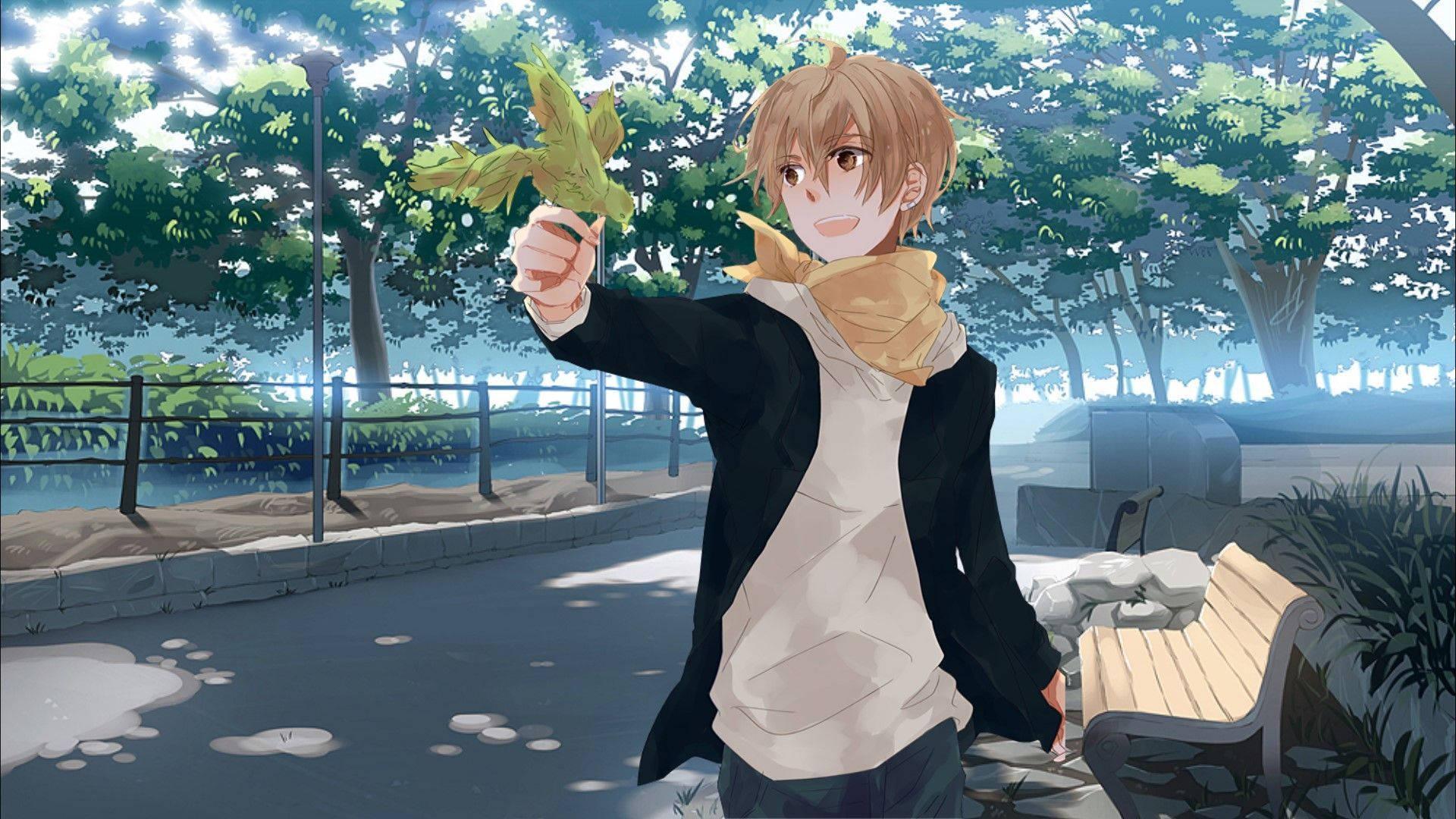 Cute Anime Boy Feeding His Pet Bird — 1920x1080 wallpaper
