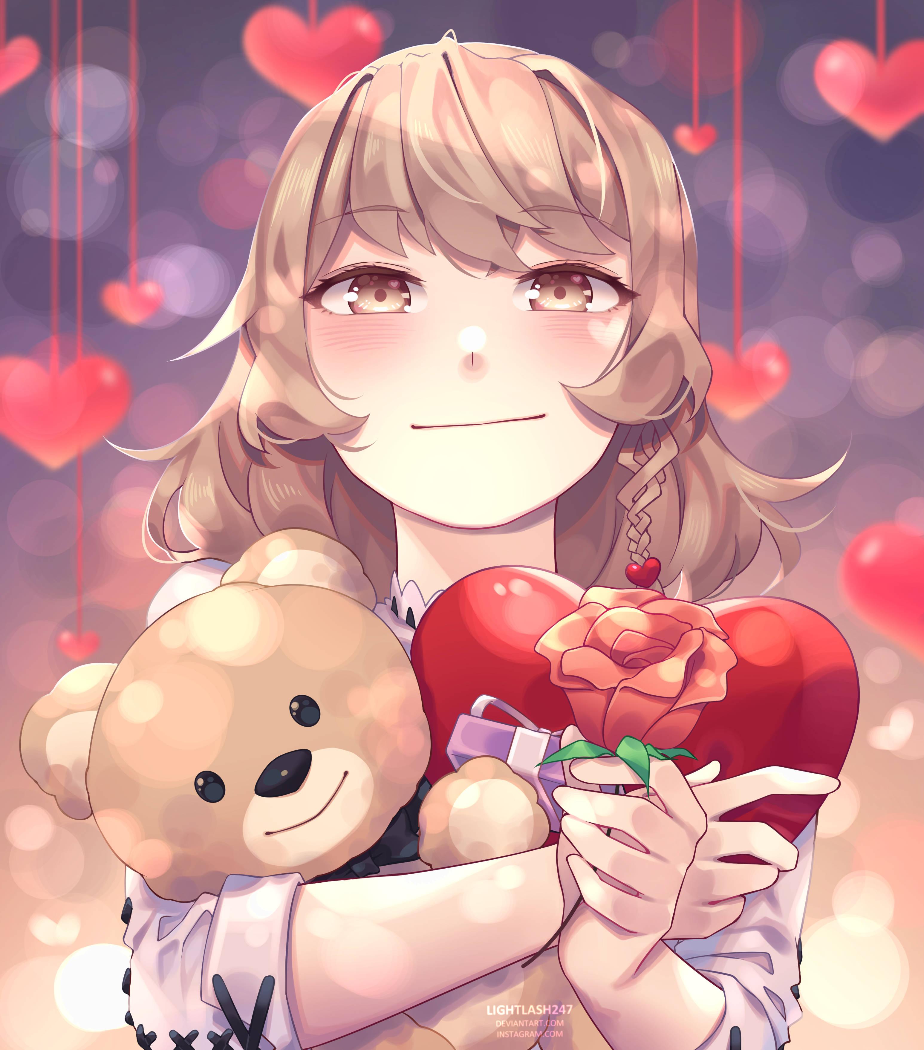 Cute Anime Girl Holding Hear And Bear — 3092x3514 wallpaper