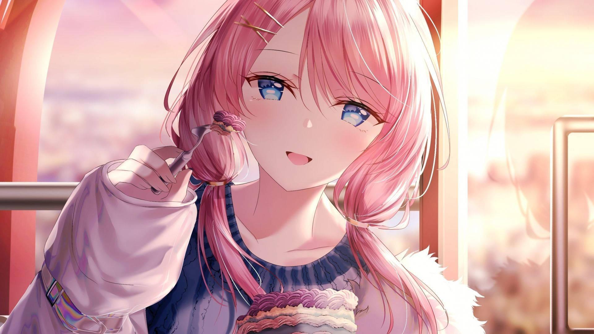 Søde anime pige pfp spiser kage