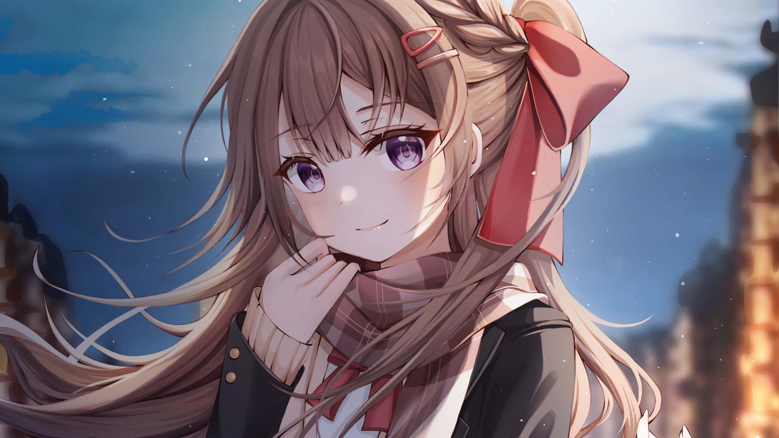 Cute Anime Girl Shooting Bow And Arrow — 2560x1440 wallpaper