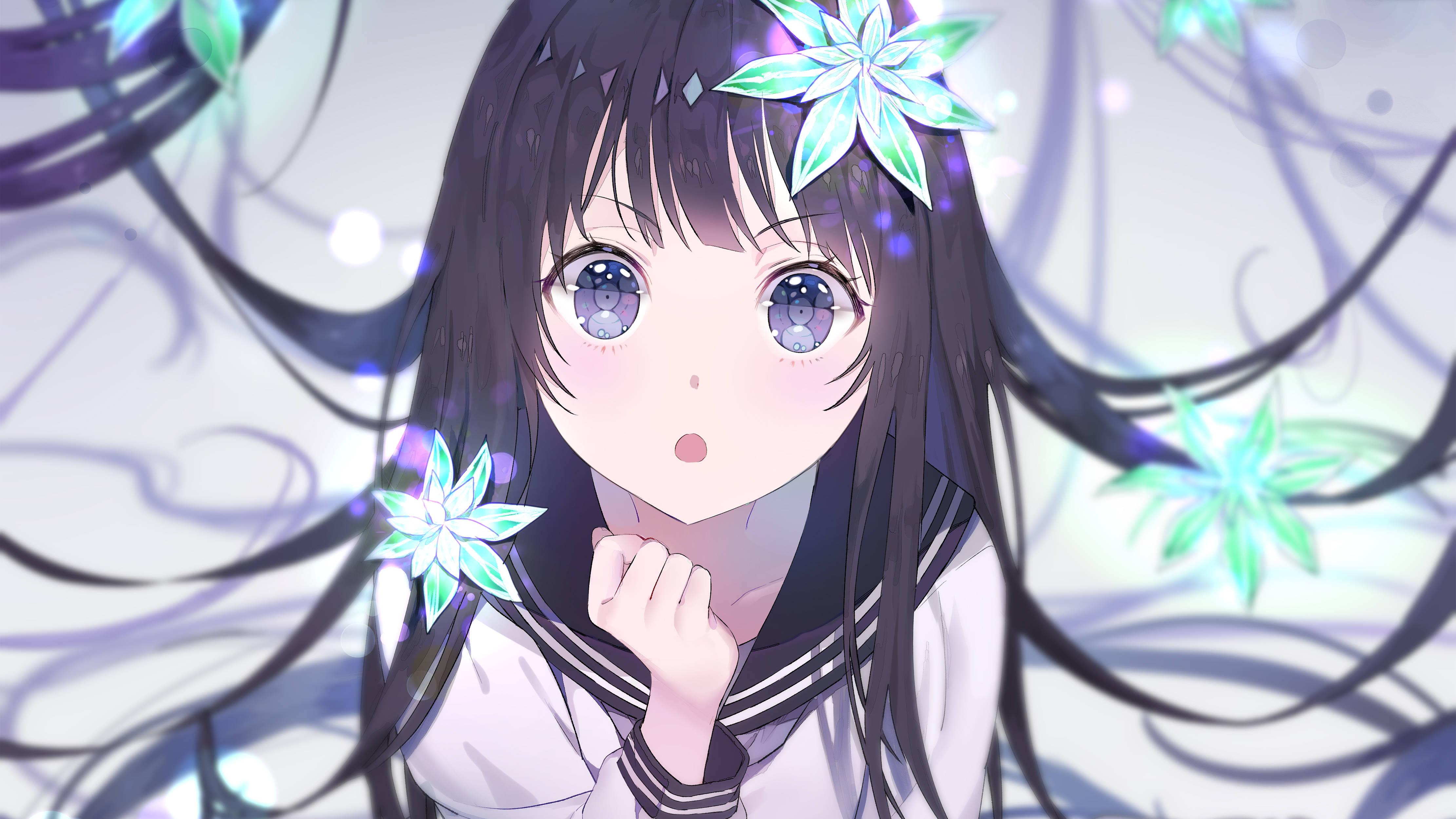 Cute Anime Girl Watching Flowers Falling — 4444x2500 wallpaper