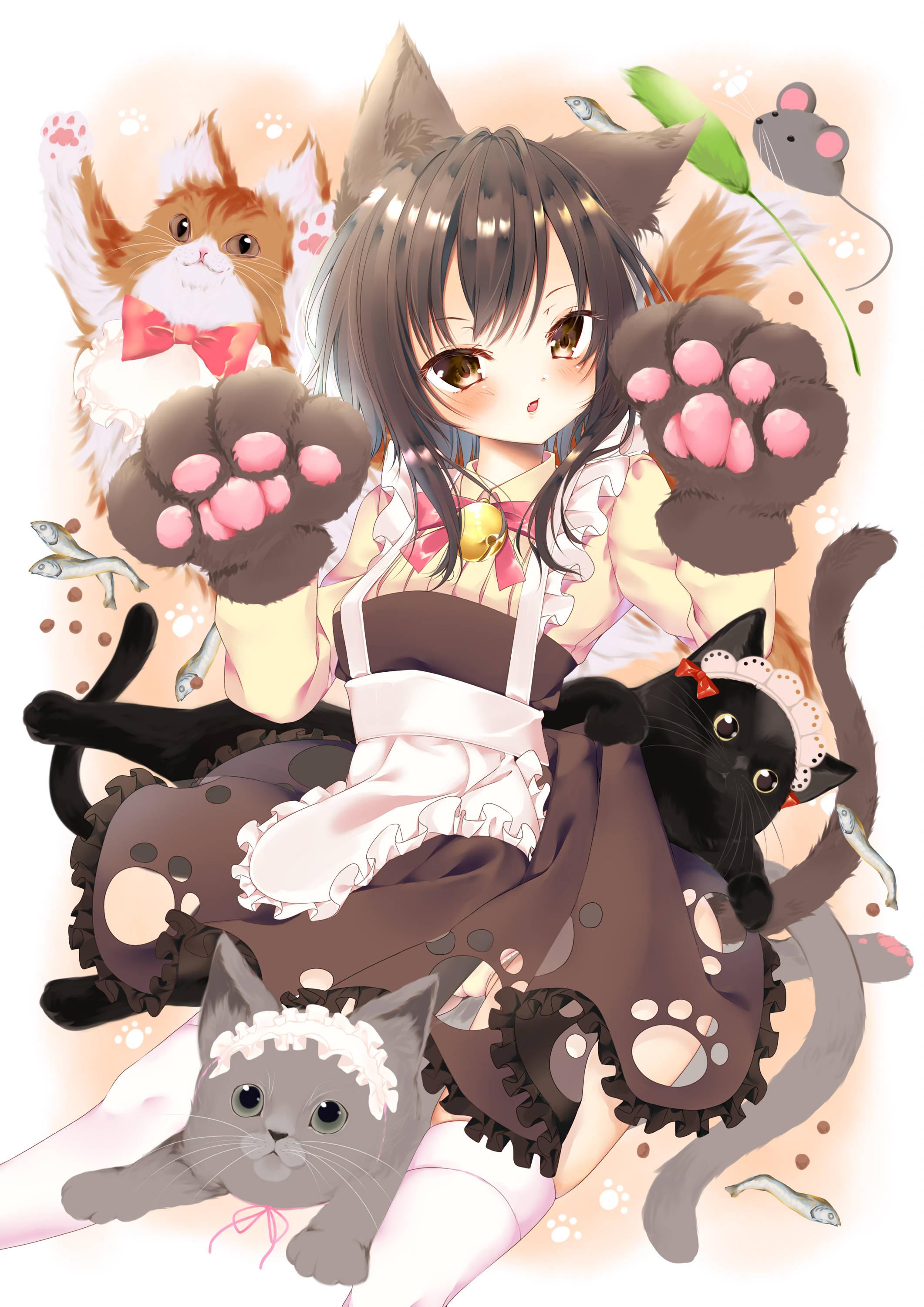 Cute Anime Girl With Cats — 2122x3000 wallpaper