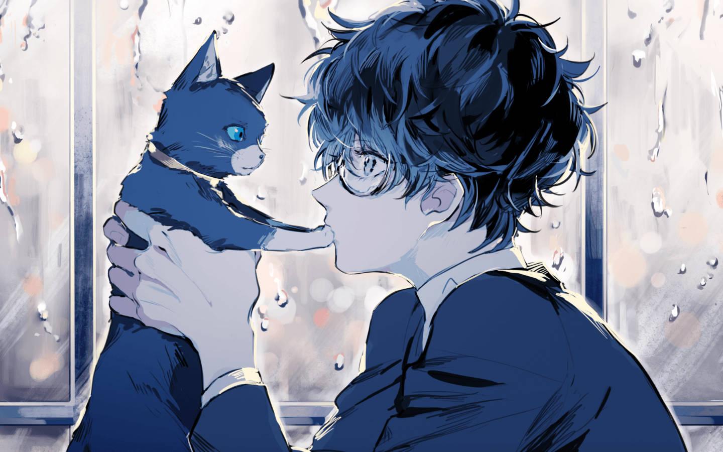 Cute Anime Guy And Blue Cat — 1440x900 wallpaper