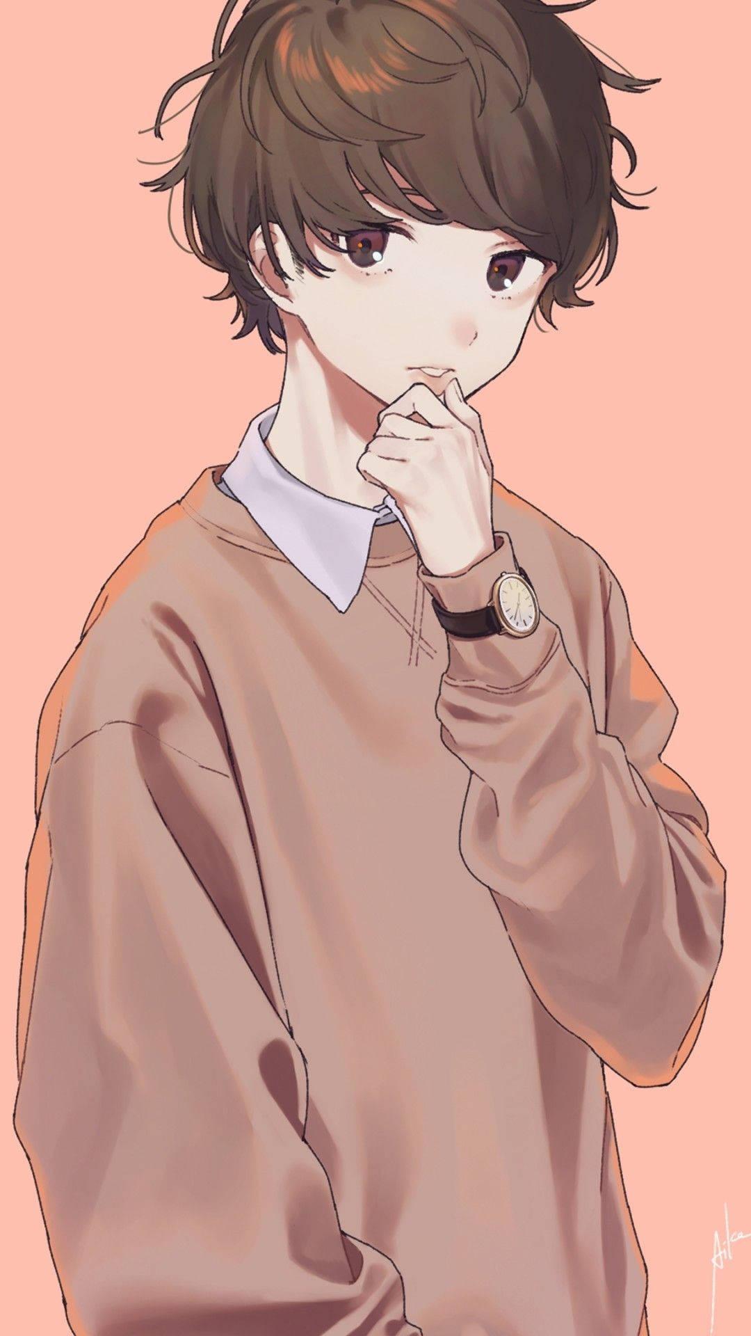 Cute Boy Cartoon Wearing A Brown Sweater — 1080x1920 wallpaper
