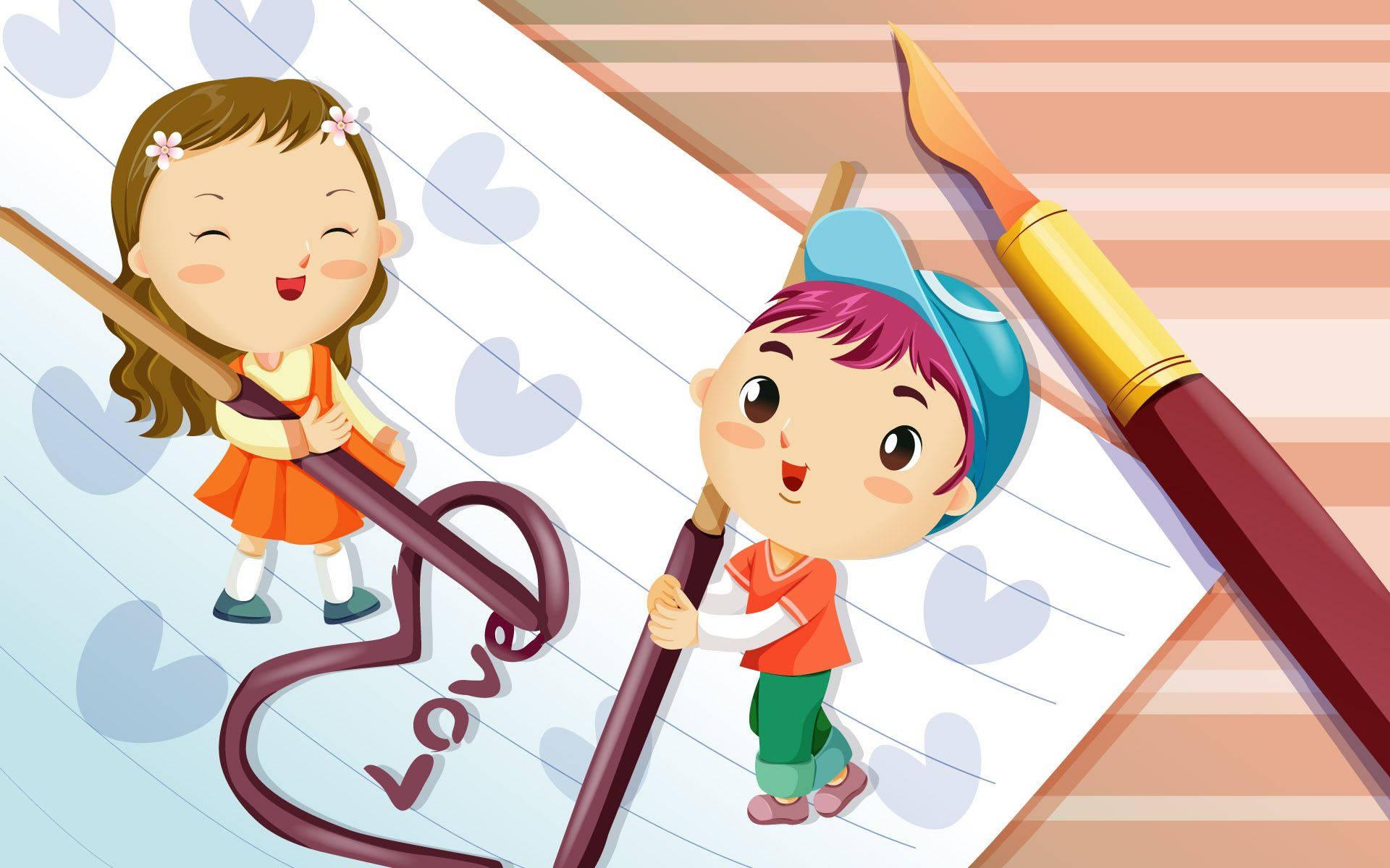 Cute Boy Cartoon Writing Love On Paper — 1920x1200 wallpaper